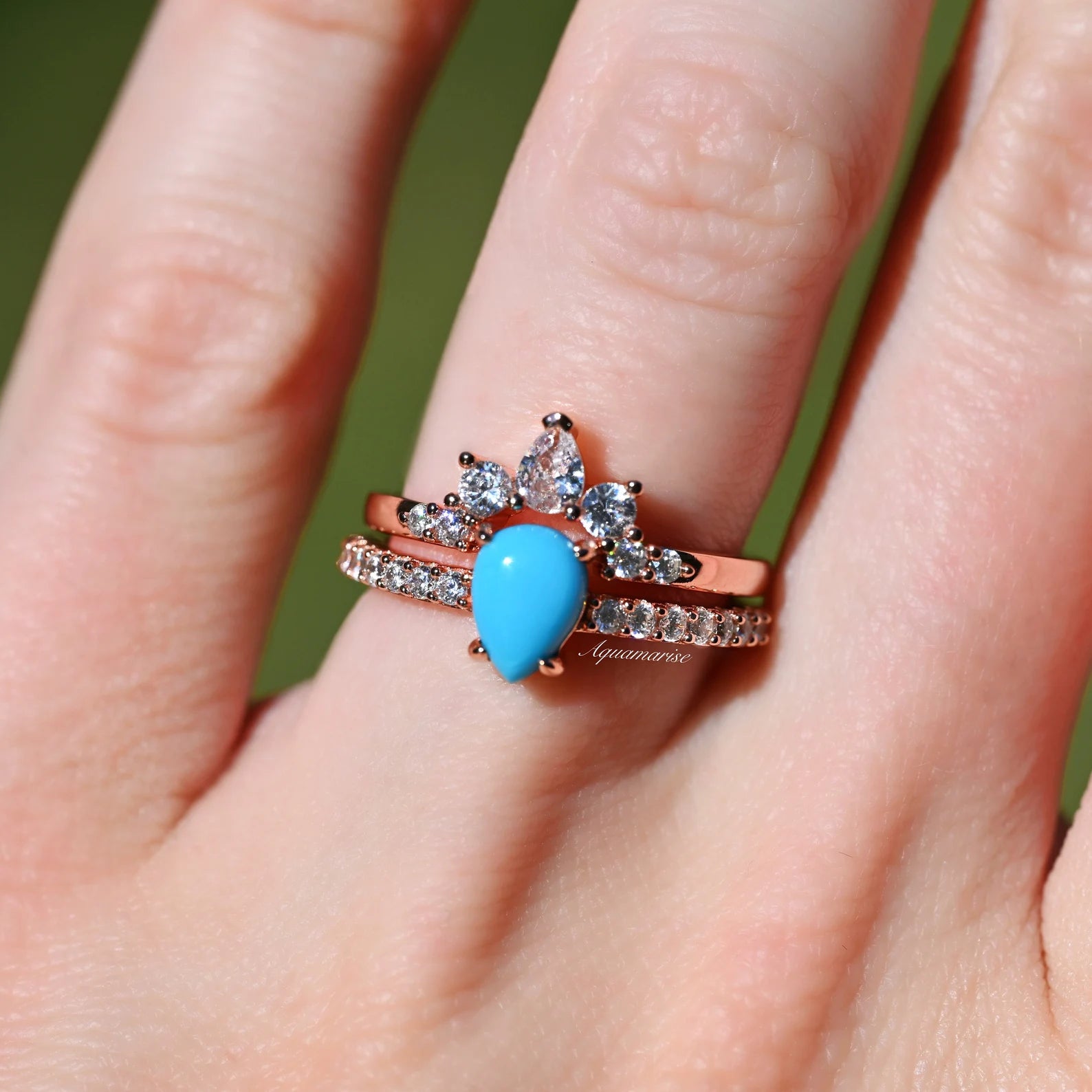 Natural Turquoise Ring Set - 14K Rose Gold Vermeil Jewelry for Women | Boho Chic Accessories for Everyday Wear & Special Occasions