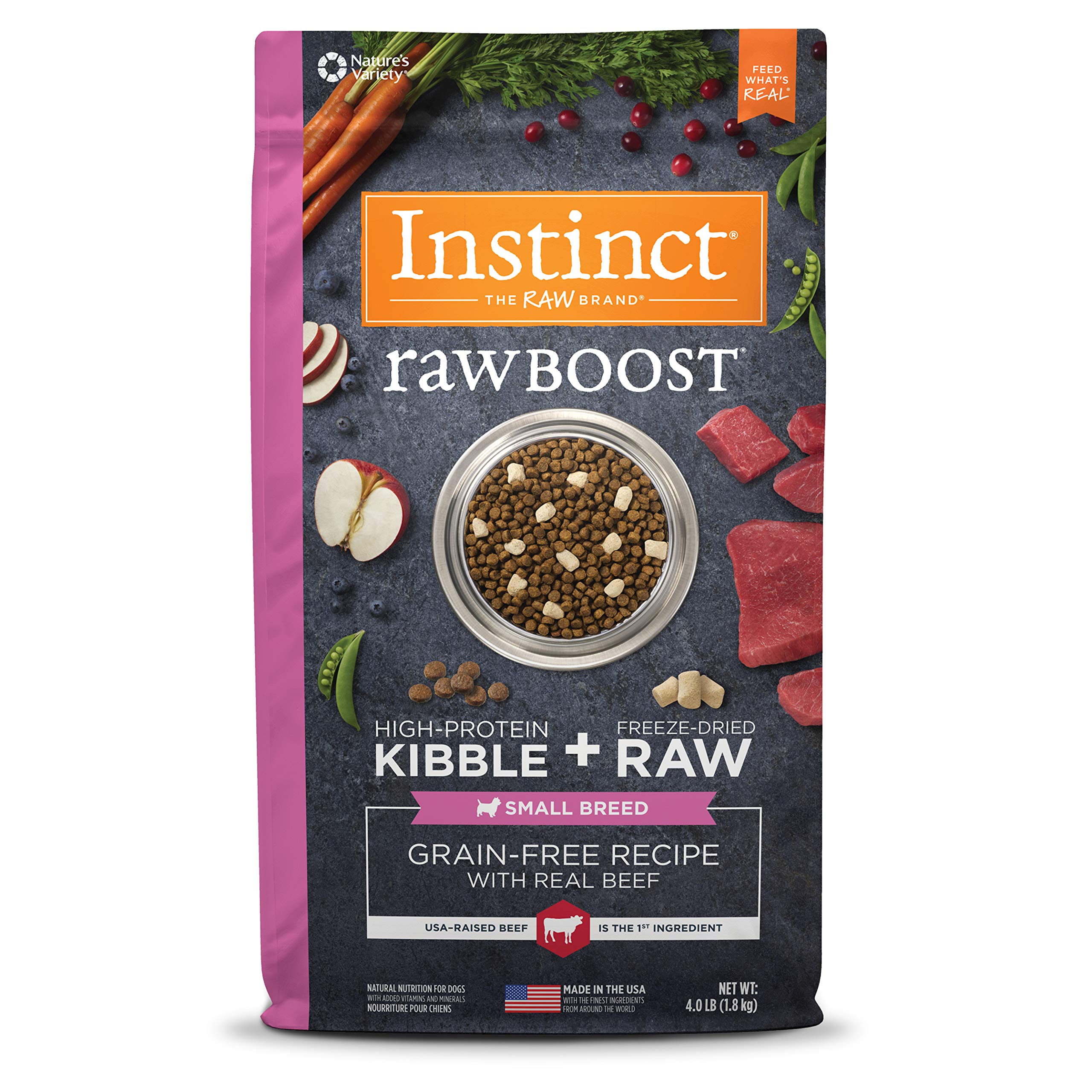 Instinct Raw Boost Small Breed Natural Dry Dog Food with Freeze Dried Pieces - High Protein Grain Free Recipe with Real Beef - 4 lb Bag for Small Dogs | Perfect for Active Puppies & Adult Dogs at Home or Travel