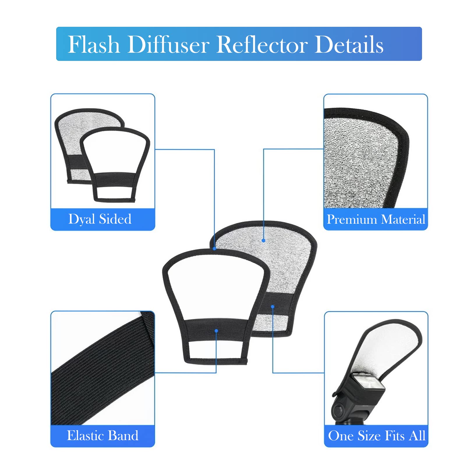 2 Pack Universal Camera Flash Diffuser Reflector Cap - Silver/White Bounce Diffuser with Elastic Band for Canon, Nikon, Sony, Metz Speedlights | Perfect for Portrait, Wedding & Studio Photography