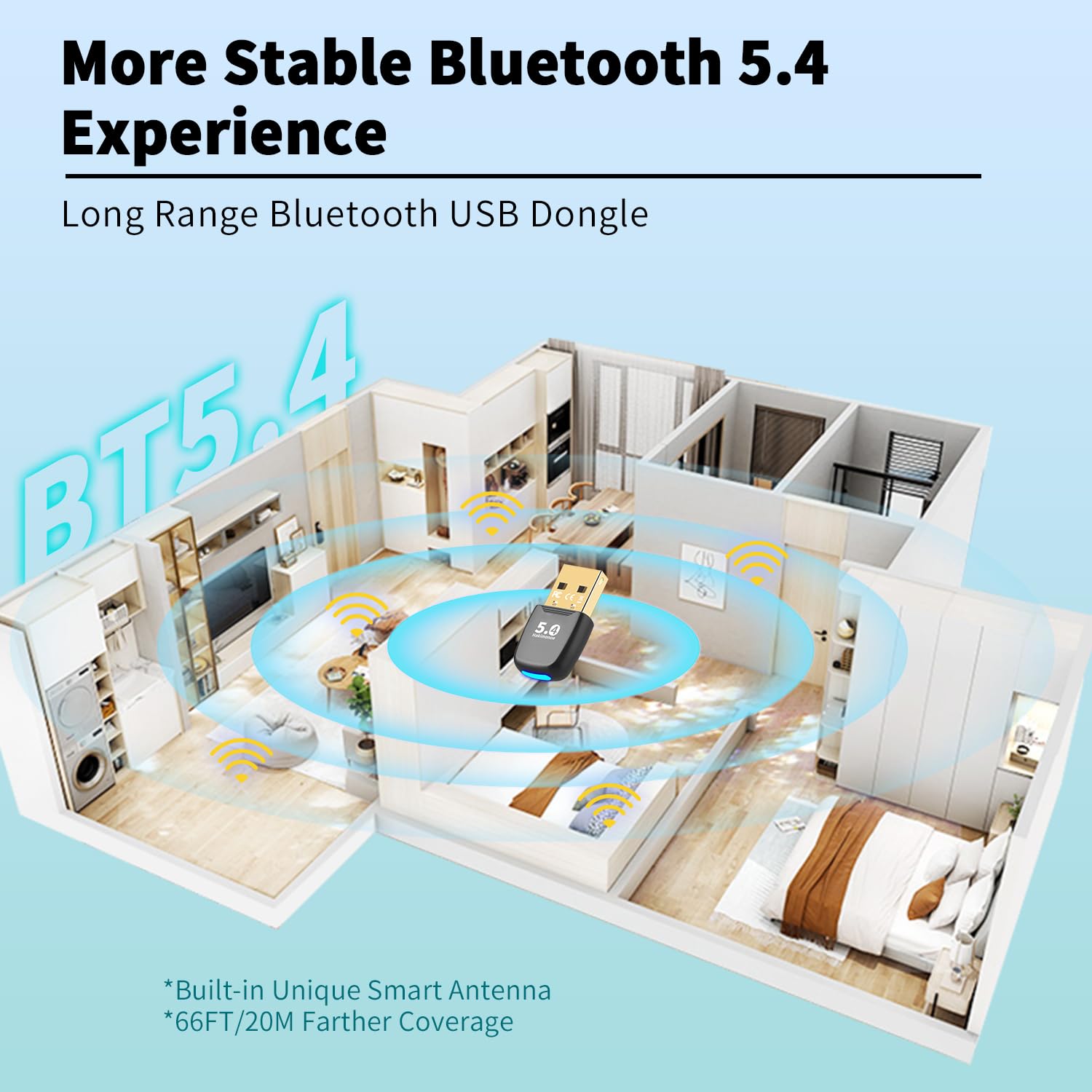 Upgraded Bluetooth 5.4 USB Adapter for PC & Laptop - Wireless Dongle Transmitter for Windows 11/10/8.1/7 - Compatible with Bluetooth Headphones, Speakers, Keyboard, Mouse & Printer - Plug & Play - Perfect for Home Office, Gaming & Streaming