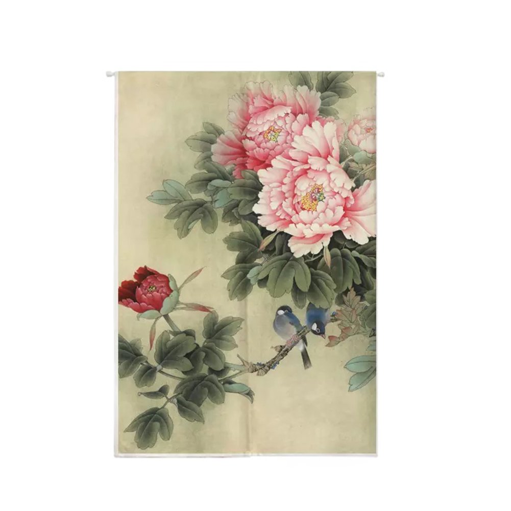 Oncefirst Japanese Noren Door Curtain - Linen Tapestry with Peony Design, 33.5
