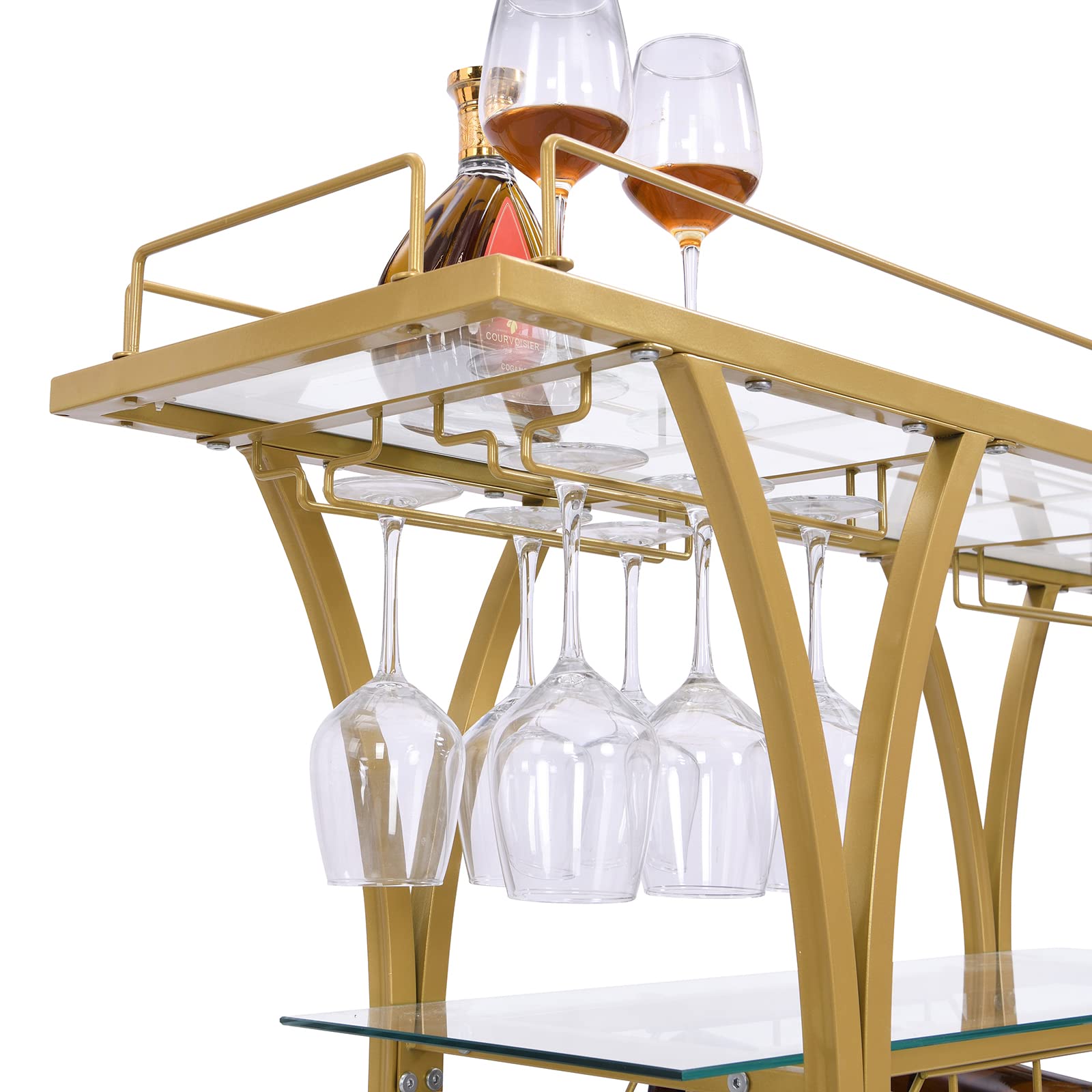 Yoluckea 3-Tier Glass Bar Cart with Wine Rack & Glass Holder - Tempered Glass Shelves, Lockable Wheels - Mobile Kitchen Storage for Wine, Cocktails & Entertaining - Perfect for Home Bars, Dining Rooms & Outdoor Parties