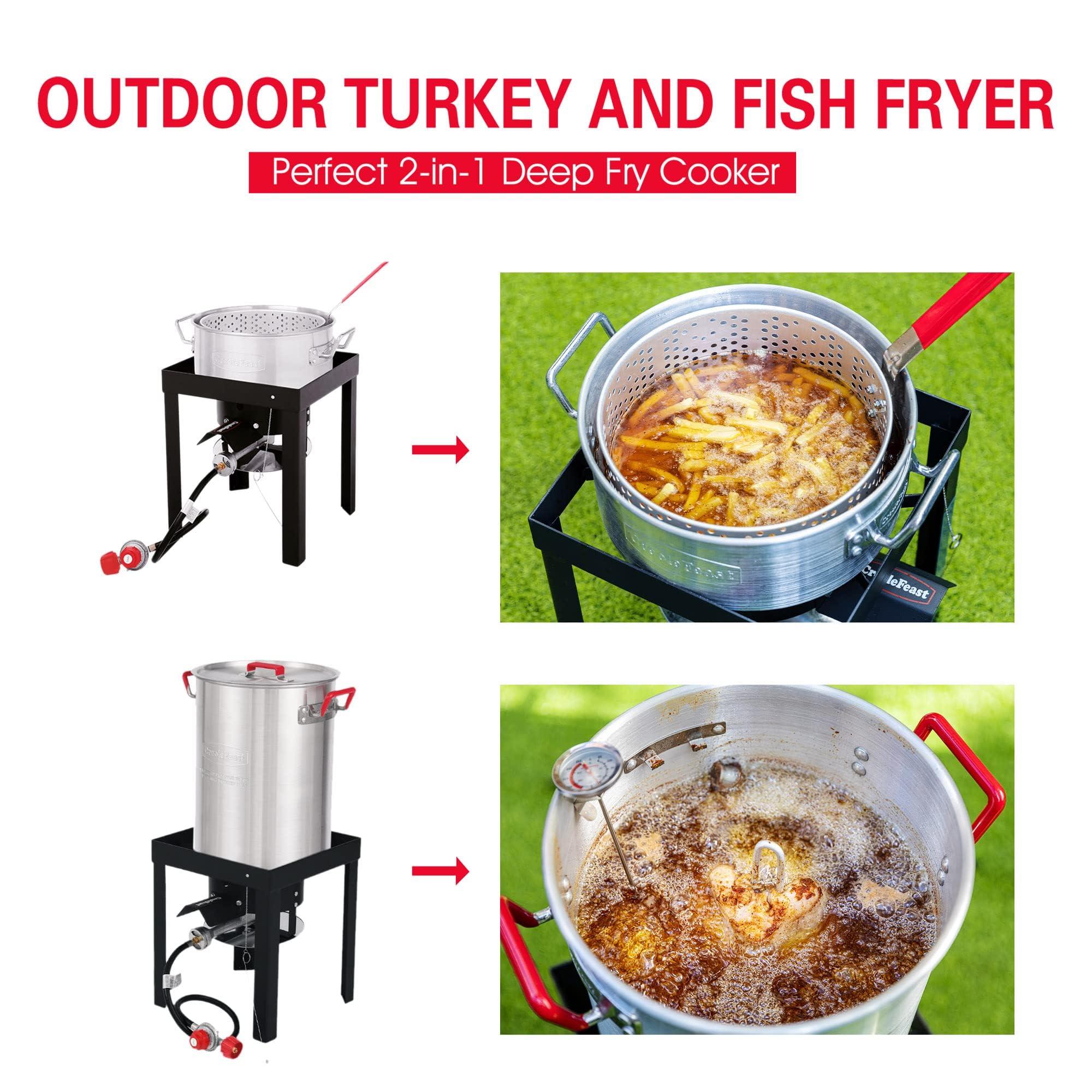 CreoleFeast TFS3010 Propane 30 Qt. Turkey Fryer & 10 Qt. Fish Fryer Boiler Steamer Set - 50,000 BTU Outdoor Burner for Backyard Cooking, Camping, Tailgating & Holiday Feasts