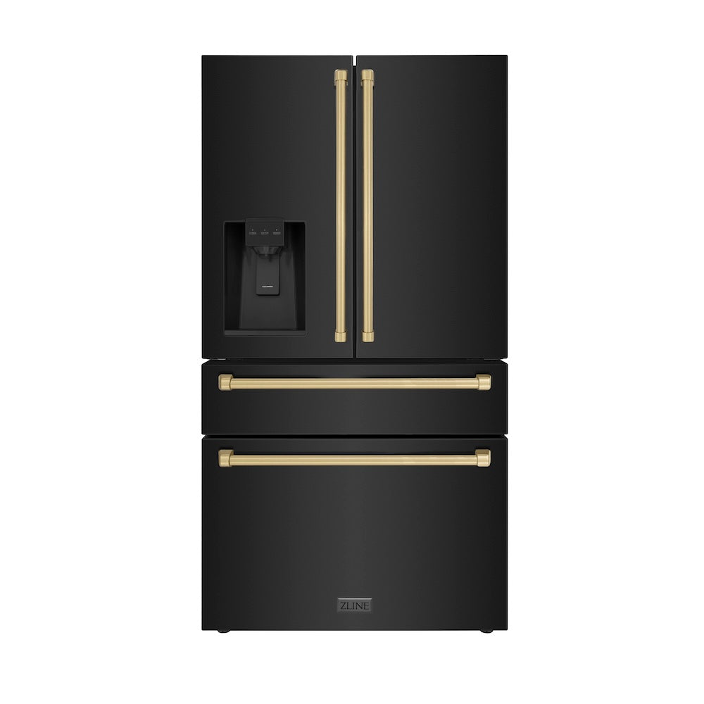 ZLINE Autograph Edition 36 Inch Counter Depth French Door Refrigerator - 21.6 cu ft Capacity, Fingerprint Resistant Black Stainless Steel, Built-In Water and Ice Dispenser with Champagne Bronze Handles (RFMZ W 36 BS CB) - Perfect for Modern Kitchens, Open Concept Homes & Entertaining