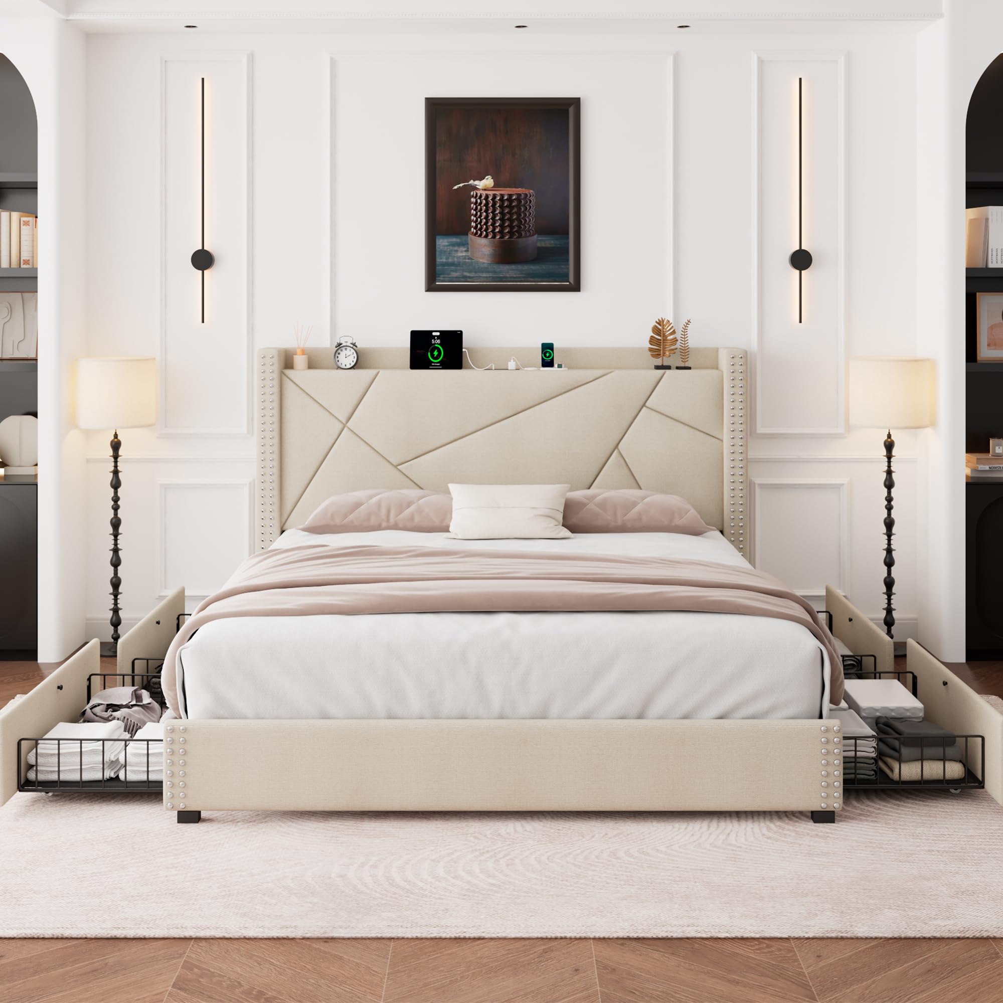 **Feonase Full Size Bed Frame with 4 Storage Drawers & USB Charging Station - Upholstered Platform Bed with Wingback Headboard, Solid Wood Slats, No Box Spring Needed, Noise-Free, Beige - Perfect for Small Bedrooms, Guest Rooms & Apartments**