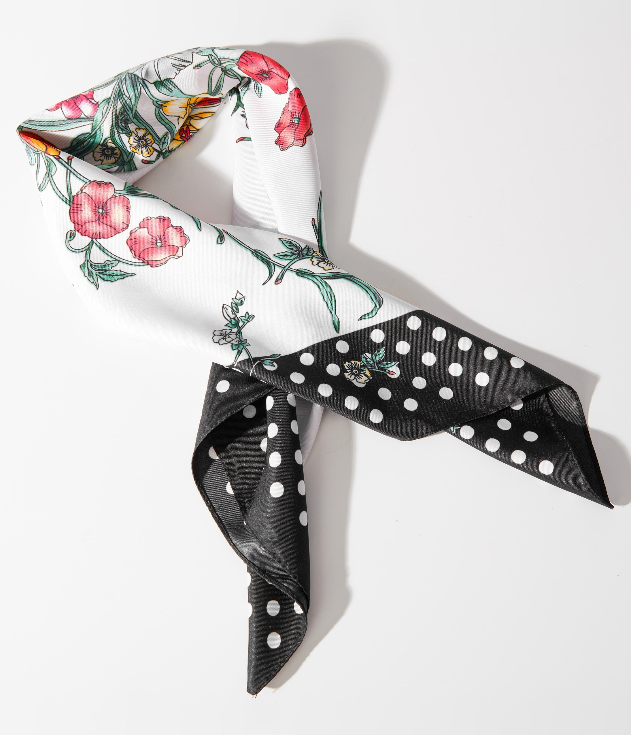 Vintage 1940s White Polka Dot Floral Print Satin Hair Scarf - Retro Headband & Head Wrap for Women - Perfect for Vintage Fashion, Pinup Style, and Special Occasions