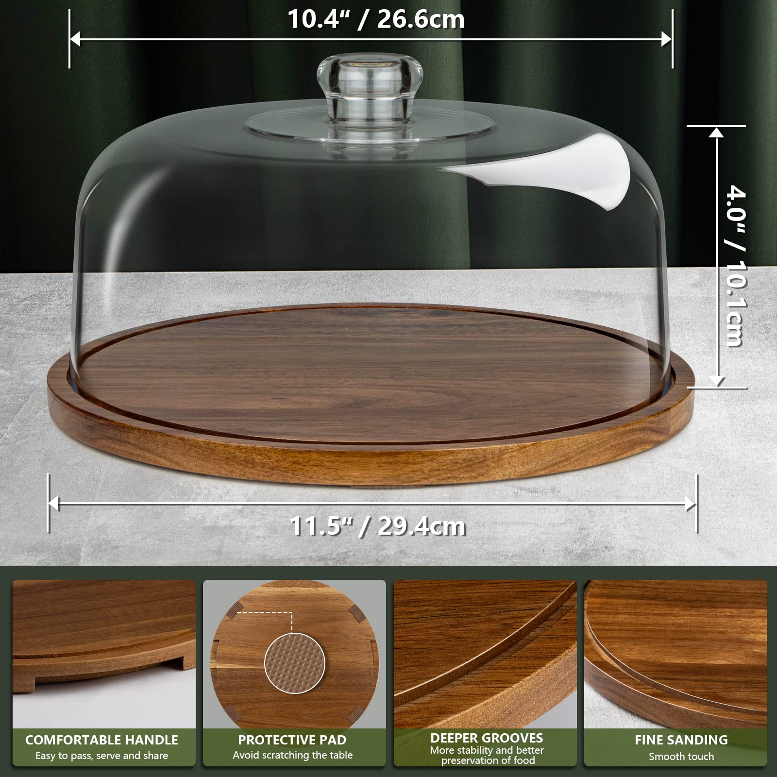 ANBOXIT Acacia Wood Cake Stand with Dome Lid - 10 Inch Wooden Cake Plate with Clear Acrylic Cover for Display & Protection - Perfect for Wedding, Birthday, Bakery Dessert Presentation