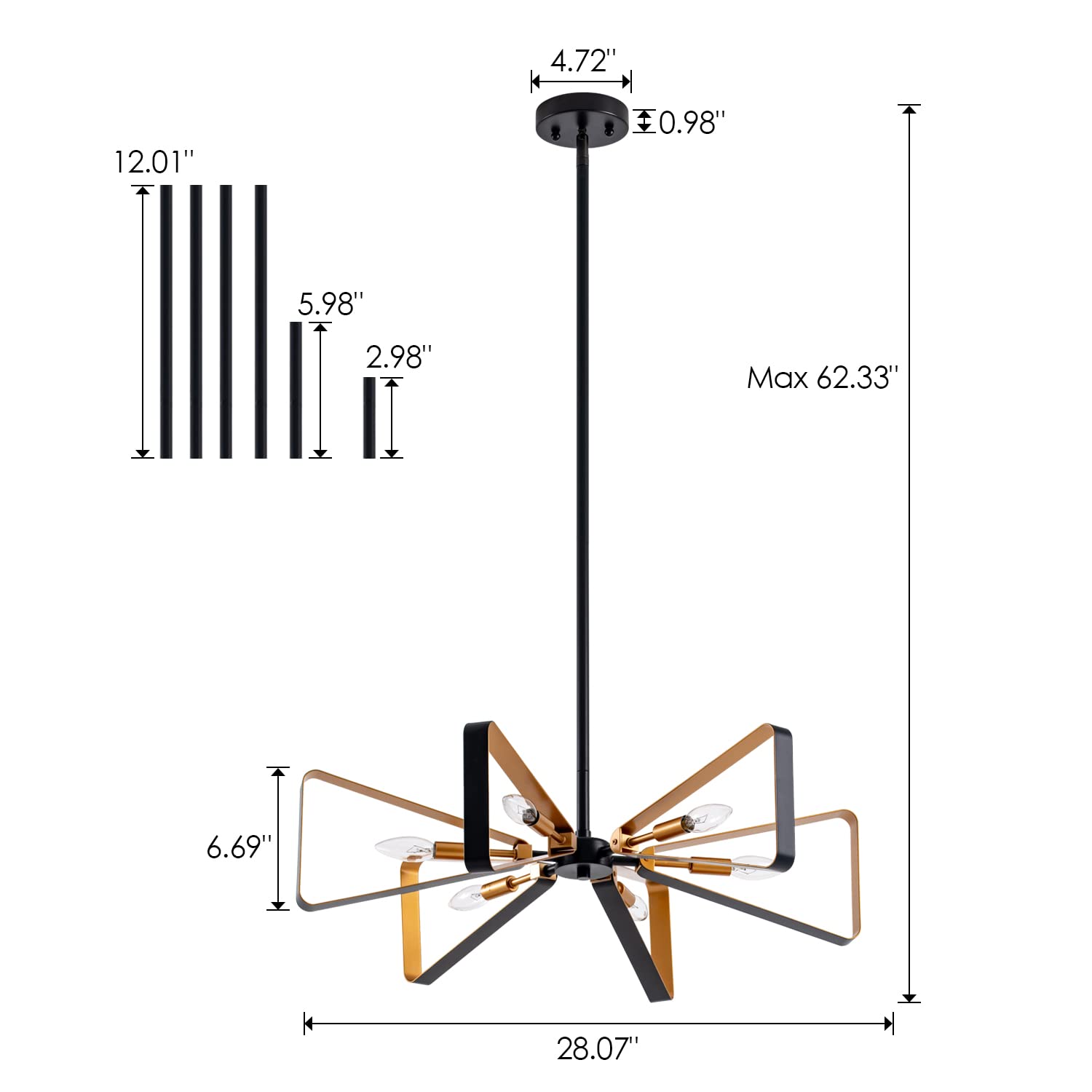 VILUXY Modern Geometric Pendant Light - 6-Light Mid-Century Chandelier with Matte Black & Brass Finish - Perfect for Dining Room, Kitchen, Living Room Lighting | Elegant Ceiling Fixture for Home Decor & Interior Design
