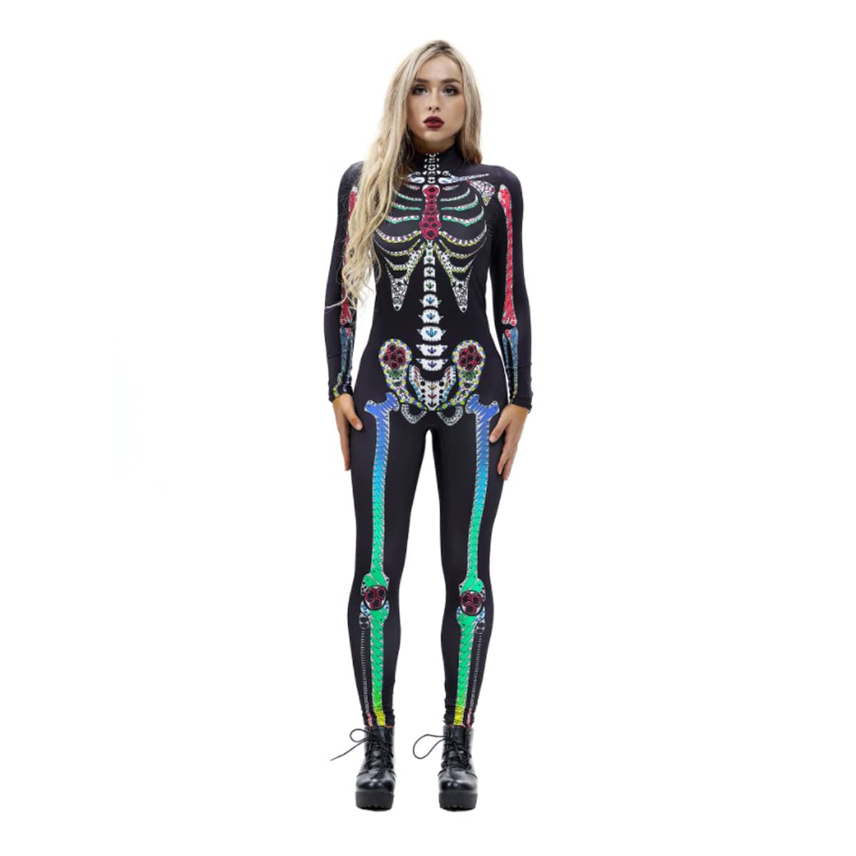 3D Printed Skull Costume for Women - Long Sleeve Halloween Jumpsuit Set | Spooky Party Outfit, Cosplay, and Themed Events