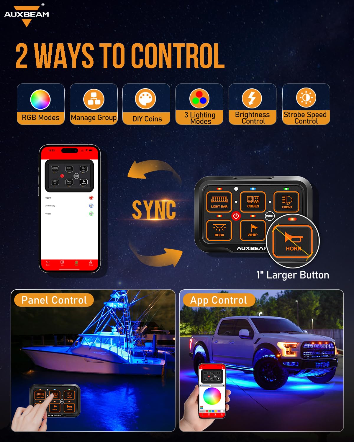 Auxbeam 6 Gang Switch Panel Bluetooth RGB AR-600 - Waterproof Toggle & Momentary Pulsed Modes - Multifunctional Manual/Automatic Backlit Control for Truck, Car, ATV & Boat - Perfect for Off-Roading, Marine & Custom Vehicle Lighting Upgrades