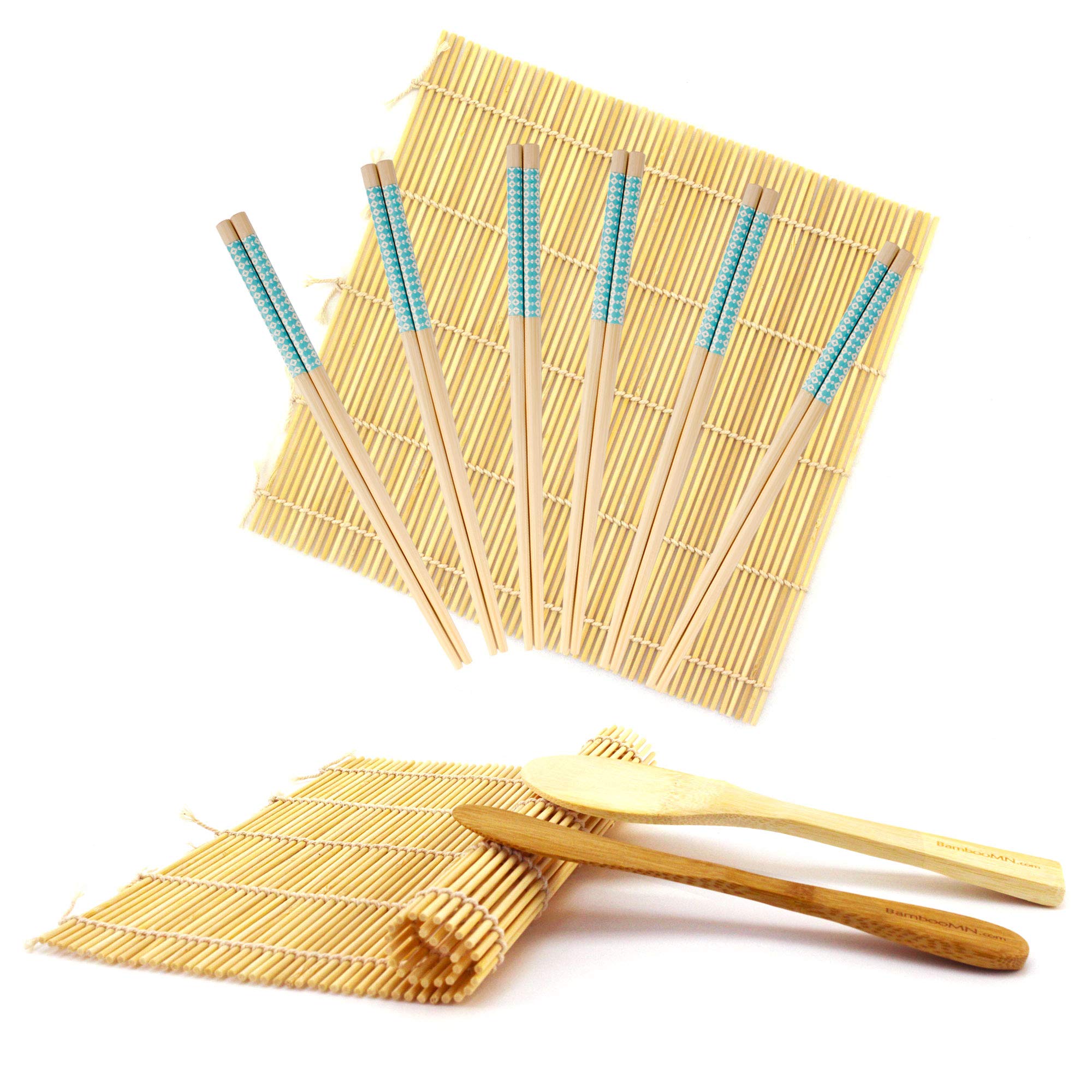BambooMN 10-Piece Complete Sushi Making Kit with 2 Bamboo Rolling Mats, Rice Paddle, Spreader & 6 Pairs Blue Diamond Chopsticks – Perfect for Home Sushi Making, Japanese Cooking & DIY Party Fun