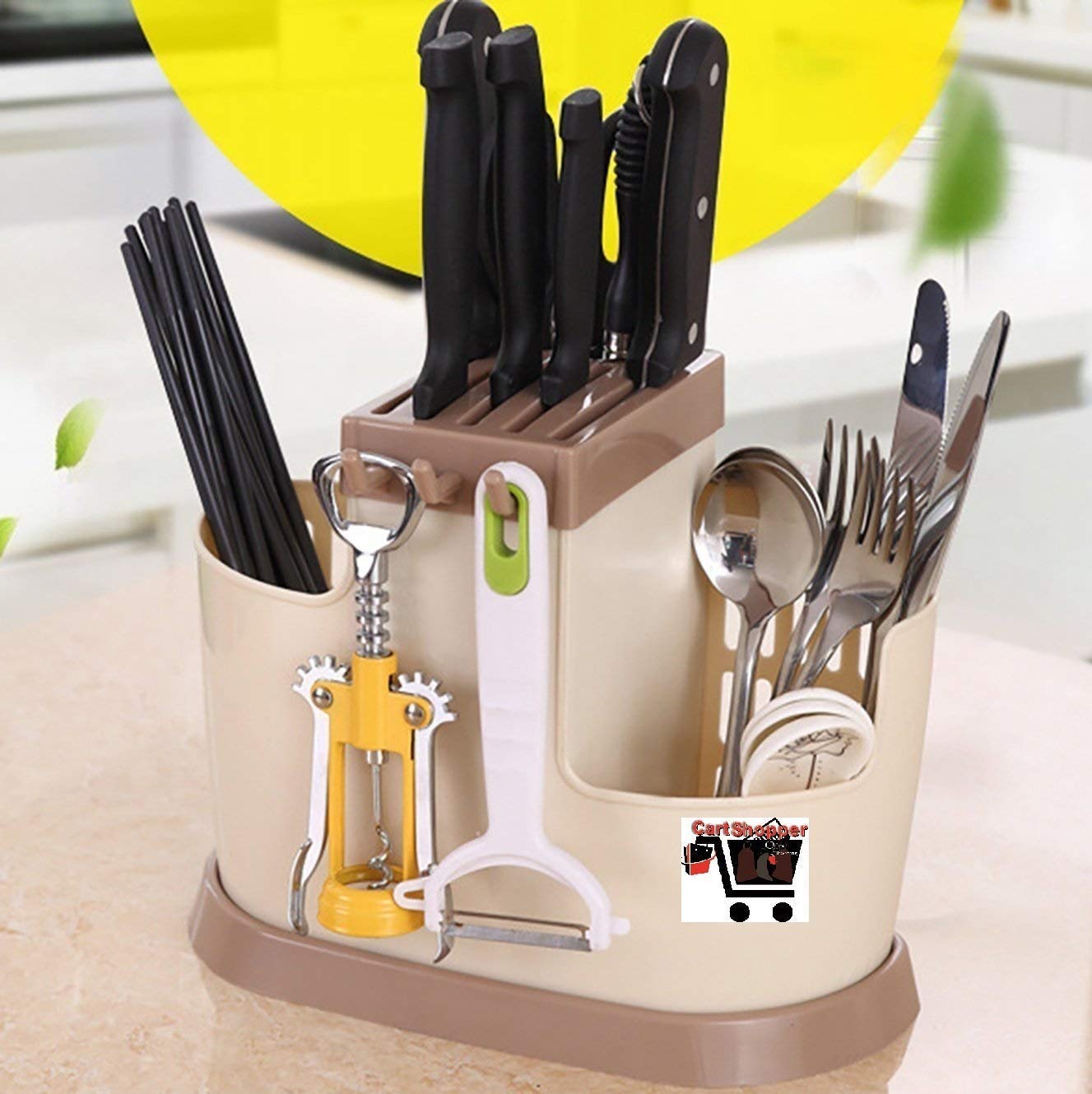POXEFLIP Stainless Steel Kitchen Cutlery Organizer - Knife, Spoon, Fork, Chopsticks & Scissors Holder - Space Saving Countertop Storage for Modern Kitchens - Perfect for Small Apartments & Organized Cooking Spaces