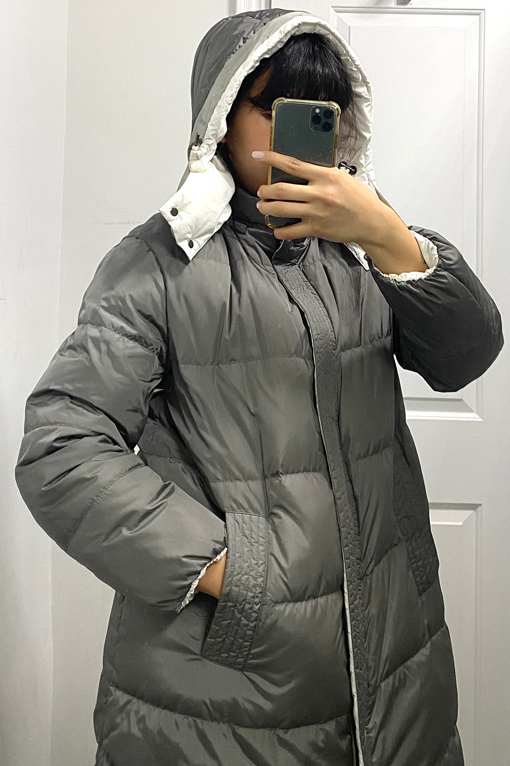 Brunello Cucinelli Grey Long Hooded Puffer Coat - Winter Warm Down Jacket for Women, Size IT46 / L (US 8/10) - Perfect for Cold Weather & Outdoor Activities
