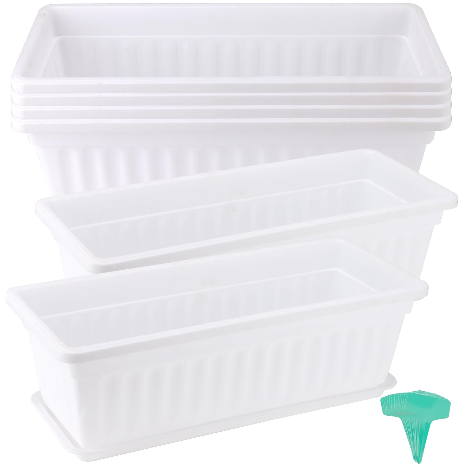 JOIKIT 6 Pack 17 Inch White Plastic Flower Window Box Planters with Drainage Holes & Tray - Rectangular Long Vegetable Flower Pots with Plant Labels for Garden, Patio, Balcony - Perfect for Herbs, Succulents and Outdoor Decor