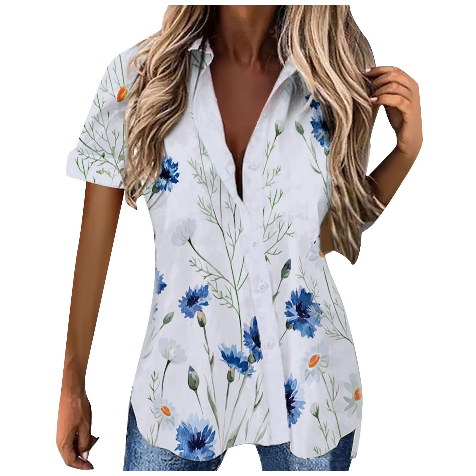 Women's Summer Tops - Button Down Blouses & V-Neck Printed Tees | Short Sleeve Trendy Casual Shirts for Women | Perfect for Beach, Office & Everyday Wear