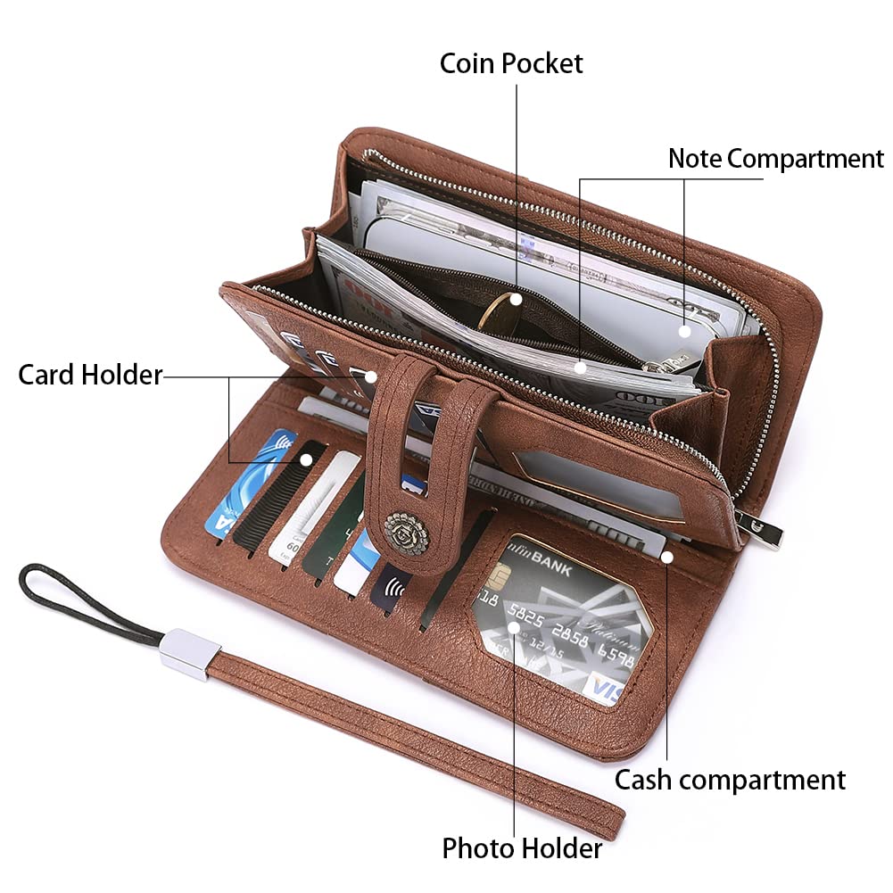 CLUCI Women's Large Leather Wallet Designer Card Holder Organizer - Stylish Ladies Travel Clutch Wristlet in Brown for Everyday Use & Business Travel
