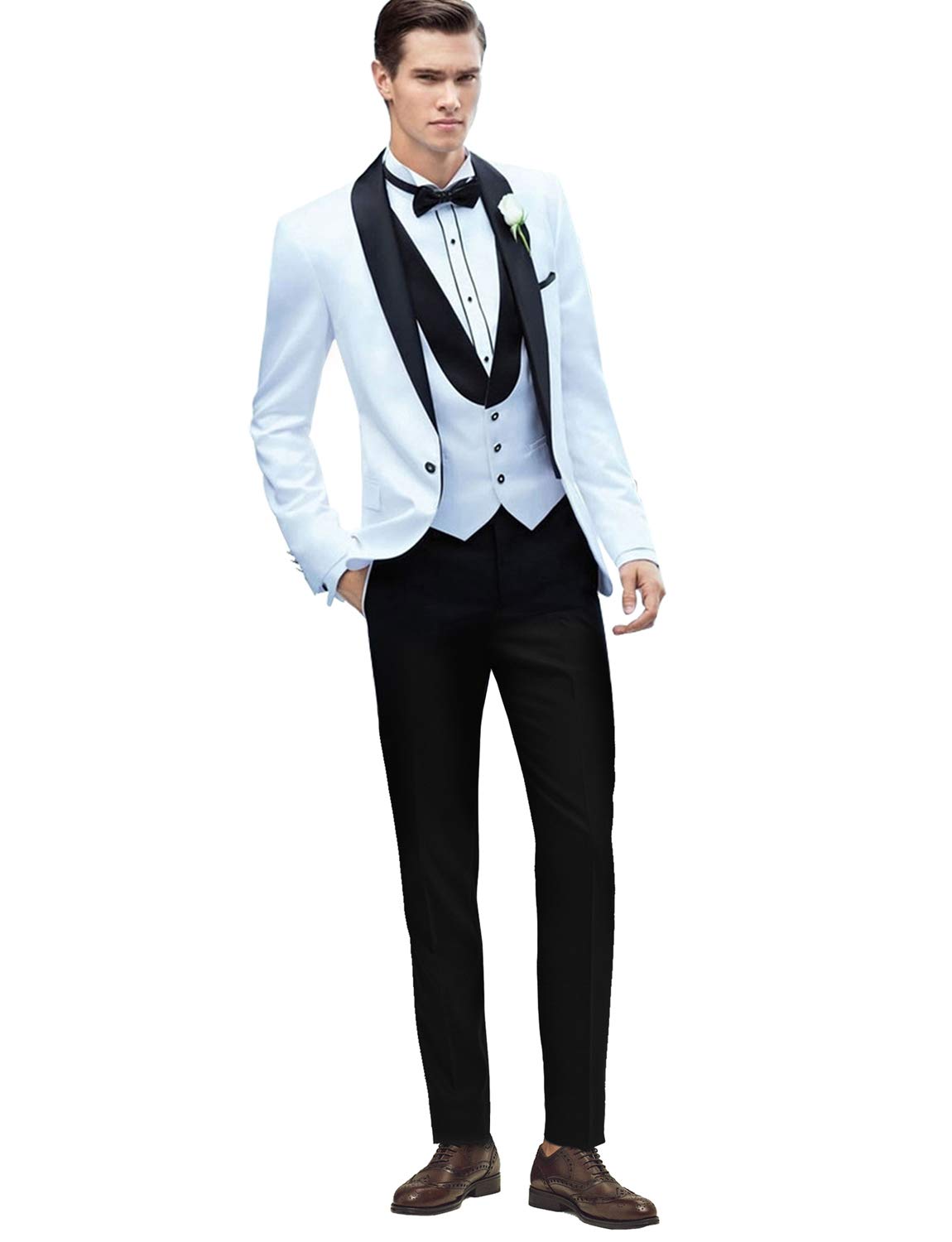 Kromoc Men's 3 Piece Slim Fit Wedding Tuxedo Suit - Formal Suit Jacket, Waistcoat & Trousers for Groom, Prom, Business & Special Occasions