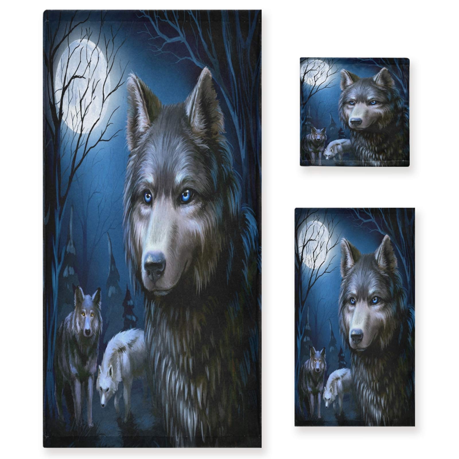 Premium 3-Piece Wolf & Moon Bath Towel Set - Ultra Soft & Absorbent (1 Bath Towel, 1 Hand Towel, 1 Washcloth) for Bathroom, Kitchen, Gym & Beach - ALAZA Animal Themed Luxury Towels