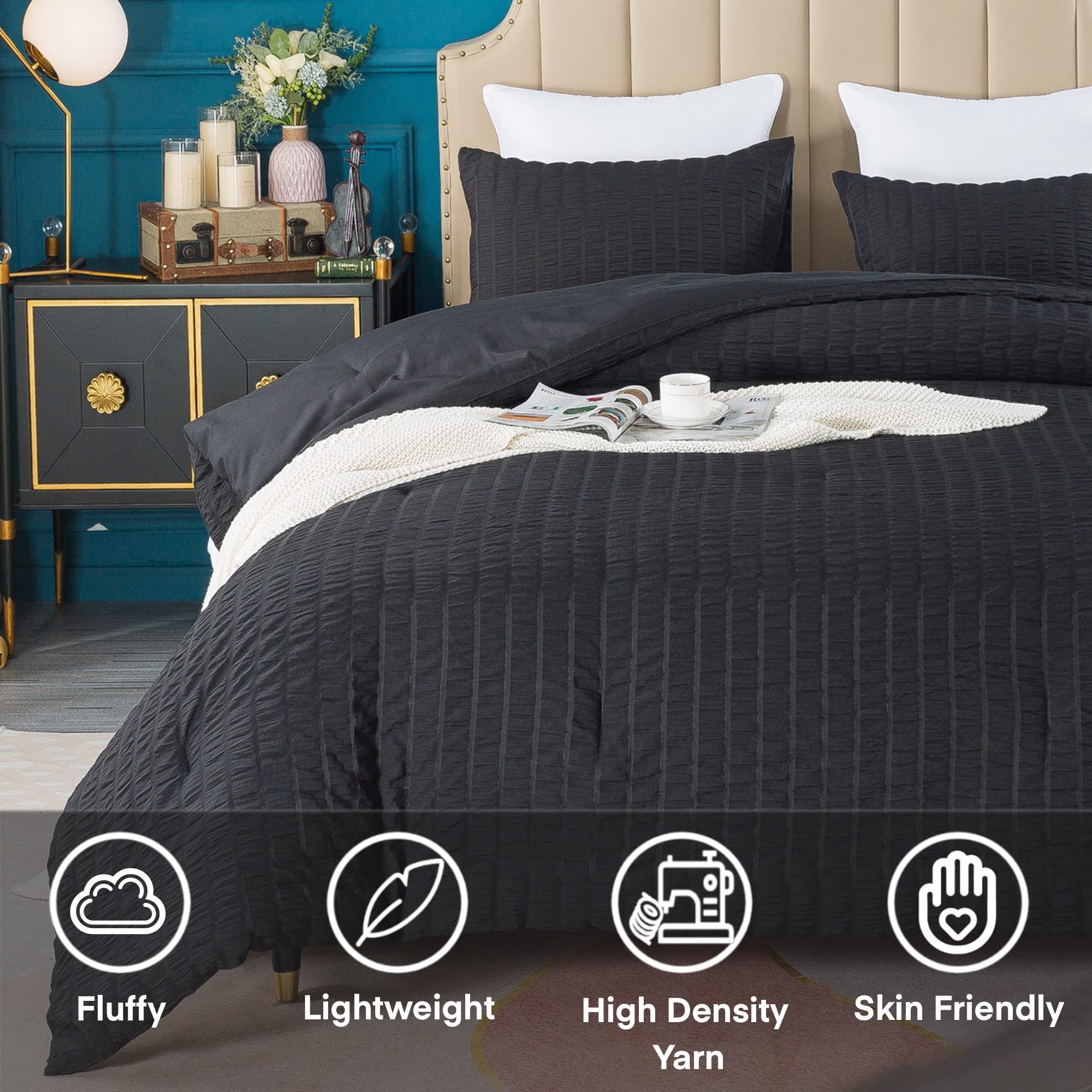 AveLom Seersucker Queen Comforter Set (90x90 inches), 3-Piece 100% Soft Washed Microfiber Lightweight Bedding - All Season Down Alternative Comforter with 2 Pillowcases, Black | Perfect for Guest Rooms, Master Bedrooms & Cozy Home Decor