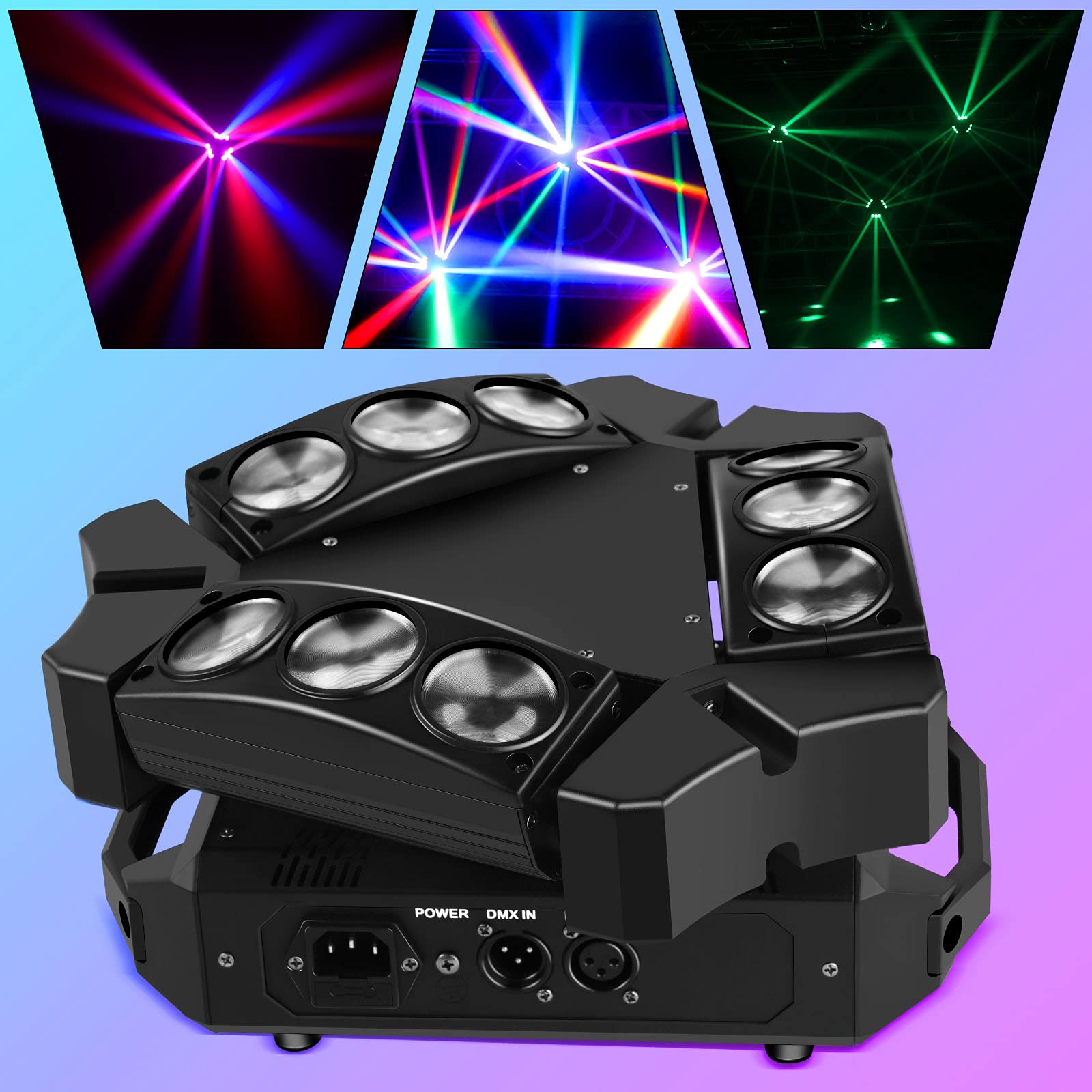 U`King 9 LED Spider Moving Head Lights - 10W RGB Stage Lighting with DMX-512 & Sound Activation (12/19 Channels) | Perfect for Wedding, Disco, Club, and DJ Party Lighting Effects