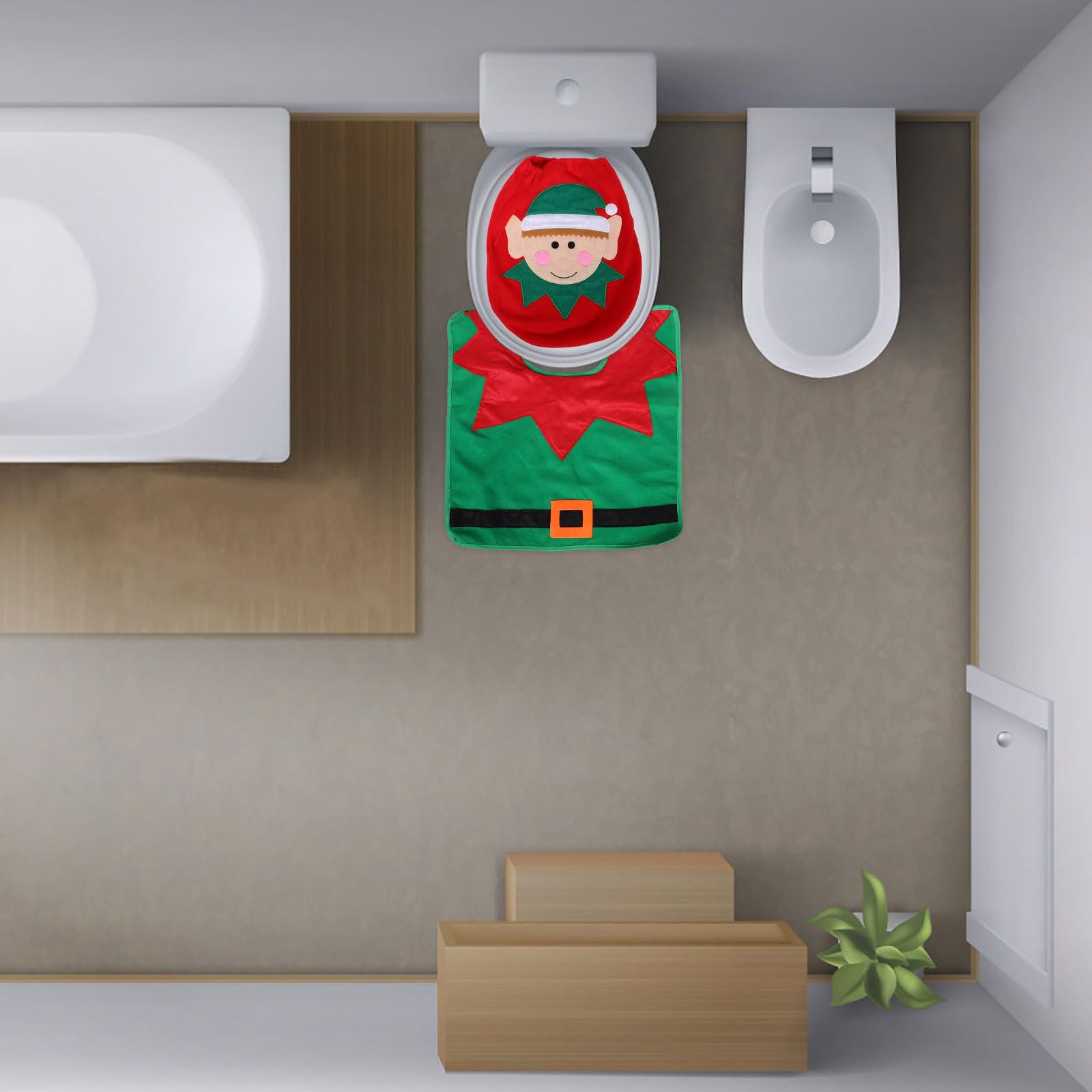 3-Piece Christmas Toilet Cover and Bathroom Rug Set - Funny Elf Design Holiday Decor with Toilet Lid Cover, Floor Mat & Tank Cover - Perfect for Home, Hotel & Holiday Party Decorations (Festive Bathroom Decor for Christmas Parties & Family Gatherings)