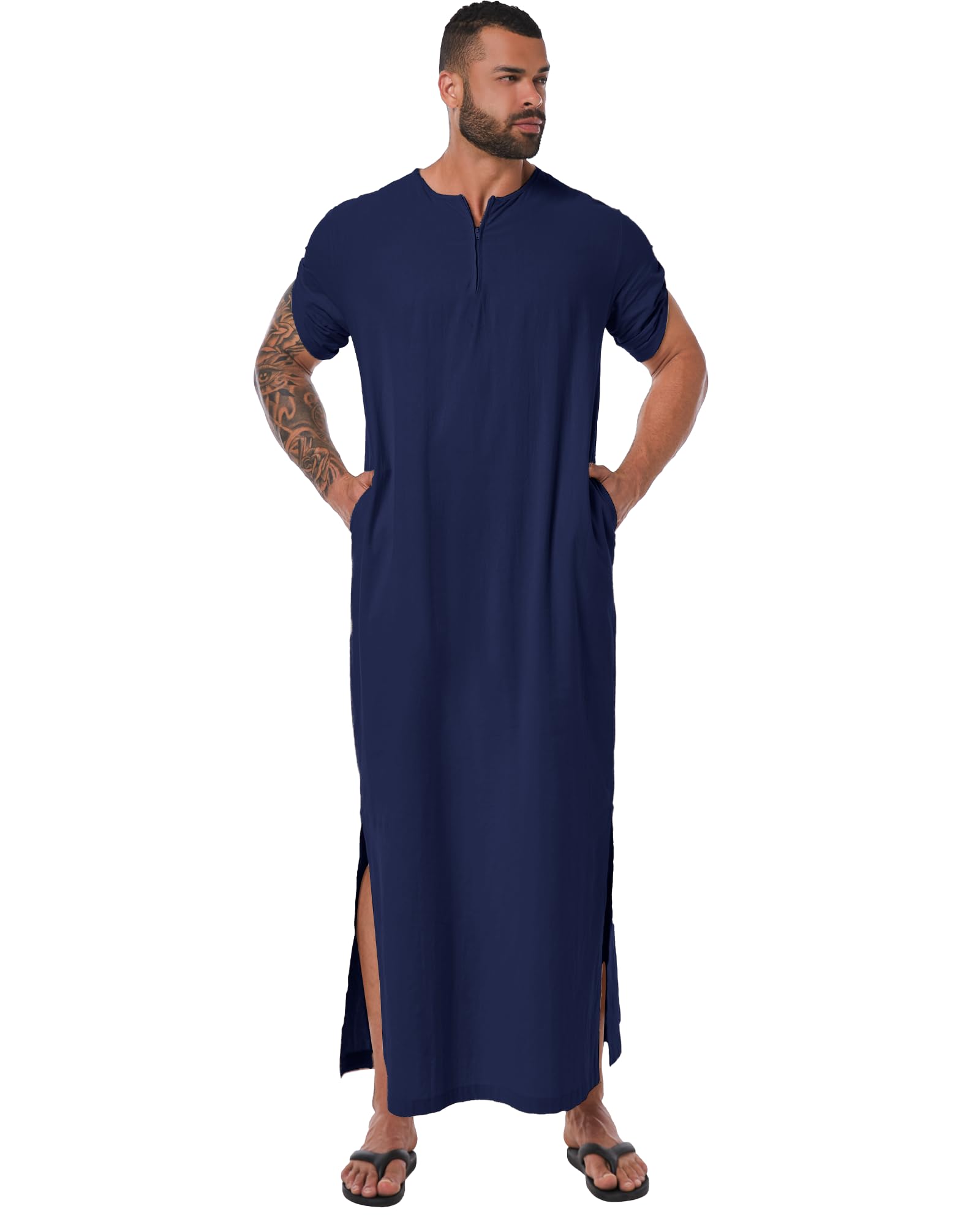 YAOHUOLE Men's Islamic Thobe - Short Sleeve Arabic Robe with Pocket - Comfortable Muslim Prayer Dress for Mosque & Daily Wear