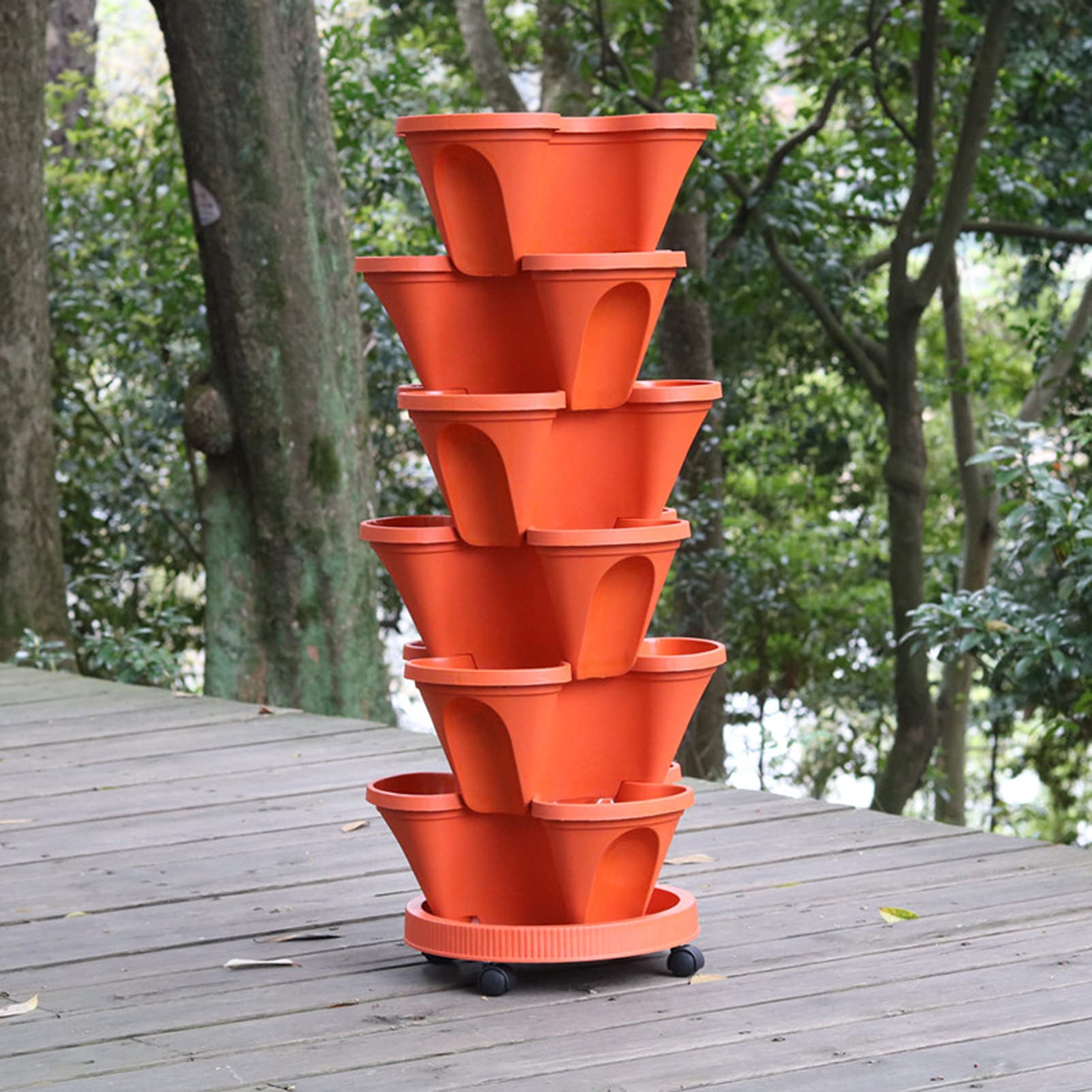 6-Tier Stackable Flower Tower Planter for Strawberries, Herbs & Vegetables - Indoor/Outdoor Vertical Gardening with Self-Watering System & Mobile Tray - Perfect for Balcony, Patio & Small Space Gardening