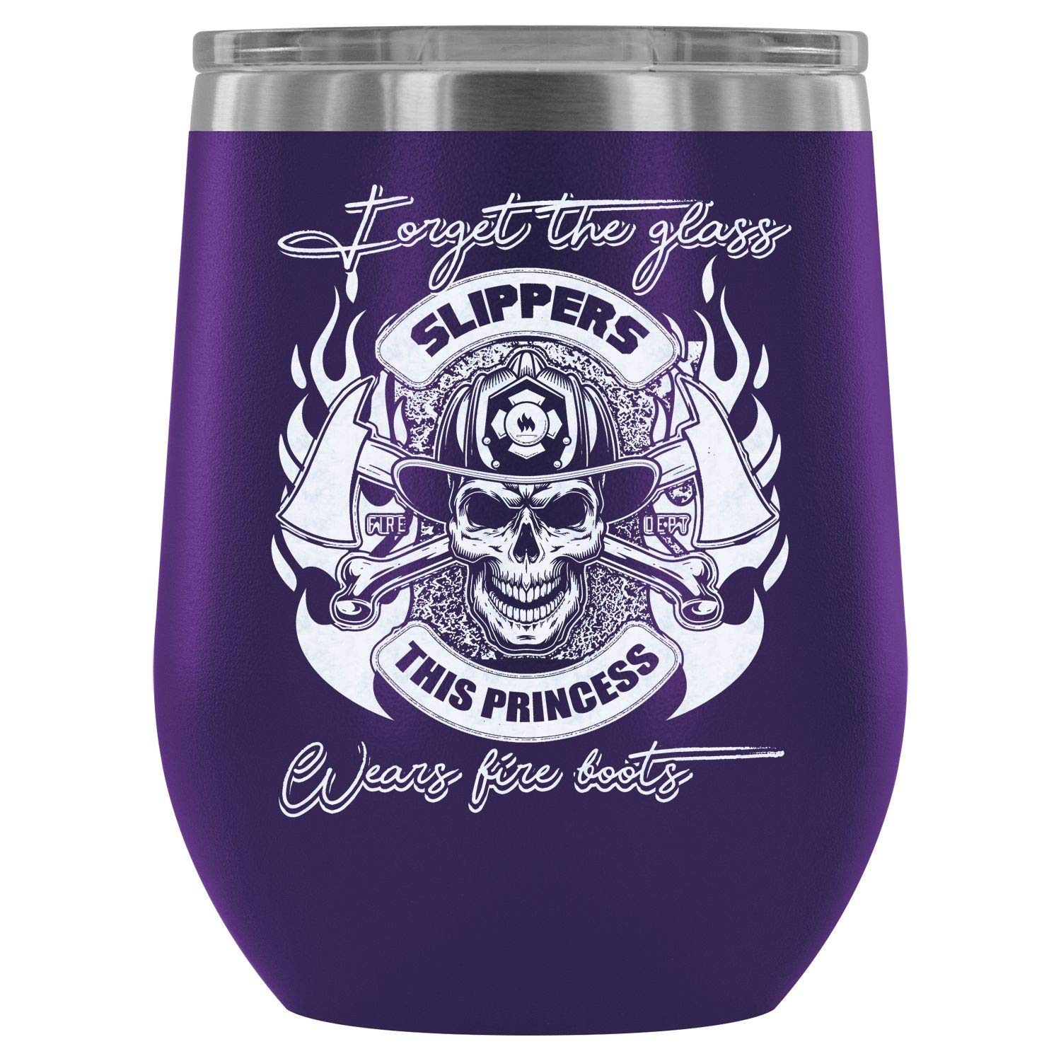 Stainless Steel Stemless Wine Tumbler - 12Oz Vacuum Insulated Purple Wine Cup with 'This Princess Wears Fire Boots' Design - Perfect for Outdoor Picnics, Parties & Home Entertaining