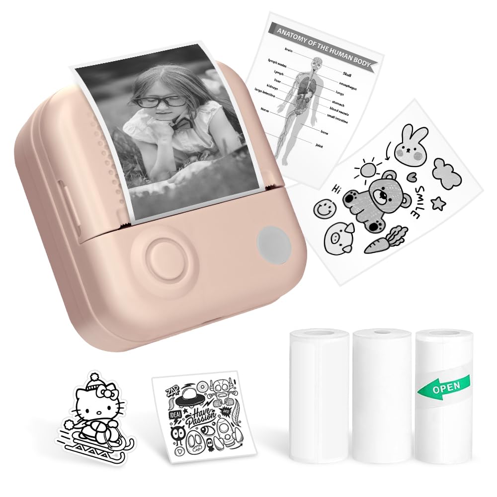 Mini Bluetooth Thermal Printer - Portable Wireless Sticker Maker with 3 Rolls Paper, Inkless Label Printer for Scrapbooking, Photos & DIY Crafts | Perfect for Home Organization, Gift Wrapping & Journaling (Pink)