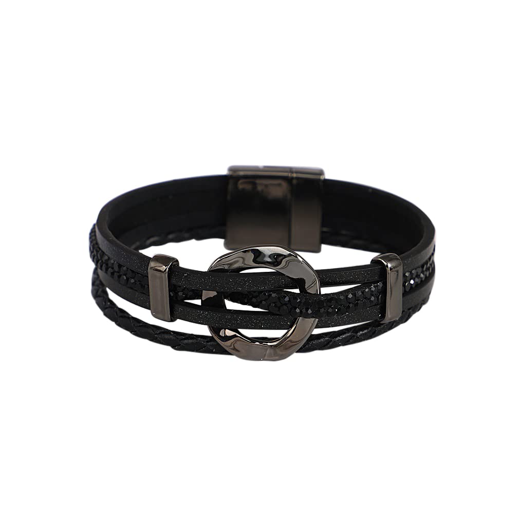 The Crafty Owl Circle Leather & Rhinestone Intertwined Wrap Bracelet for Women - Boho Chic Jewelry for Casual Wear, Parties & Gifts