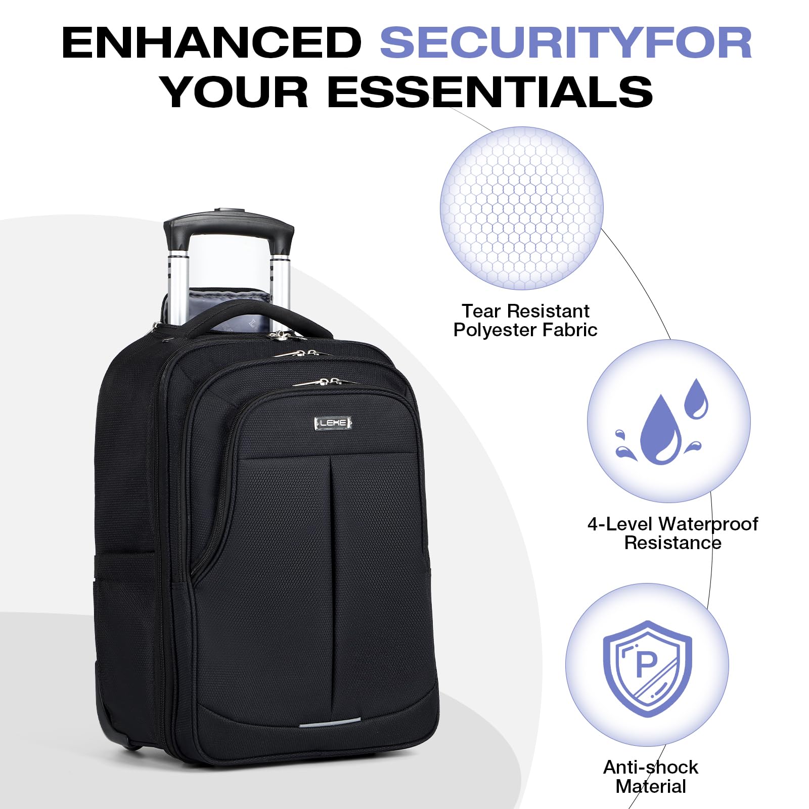 18 Inch Waterproof Rolling Backpack with Wheels for Adults - Large Black Wheeled Carry-on Luggage for Travel, Work & School - Trolley Laptop Backpack for Men & Women (Ideal for Airports, Commuting & Business Trips)