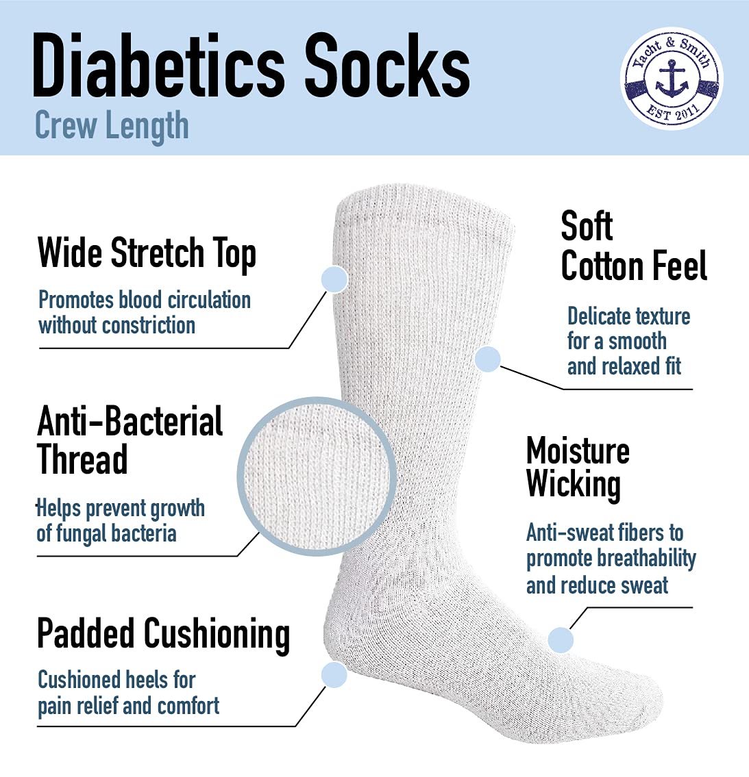 Yacht & Smith Wholesale Bulk Cotton Diabetic Socks - Non-Binding Medical Crew & Ankle Socks for Men & Women - Loose Fit Comfort for Diabetes, Swelling & Circulation - Perfect for Daily Wear, Hospital & Home Care