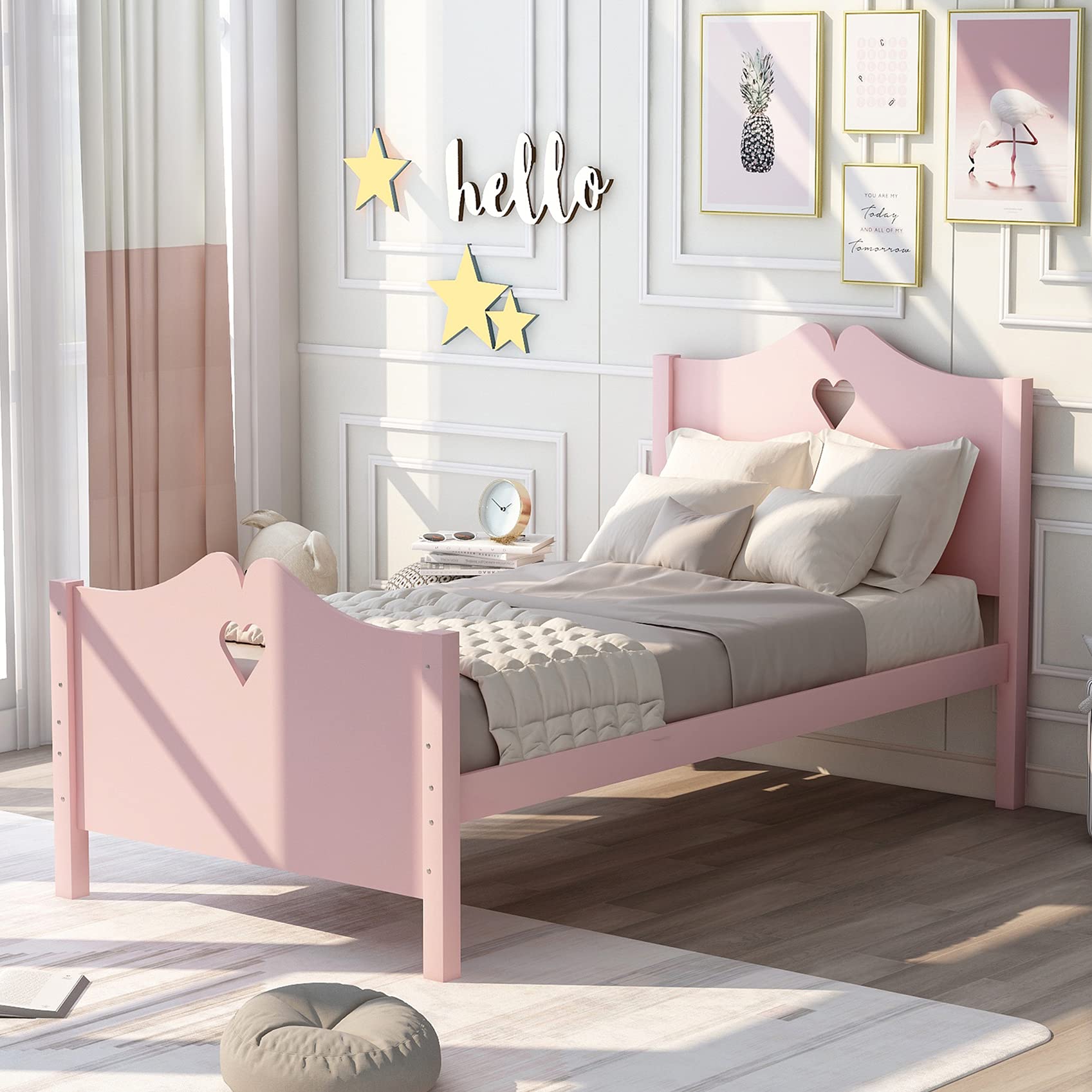 Merax Twin Bed Frame with Headboard and Footboard - Wooden Platform Bed for Kids, Guest Room & Girls Bedroom - Pink Twin Size Bed for Small Spaces, Dorm Rooms & Cozy Bedrooms