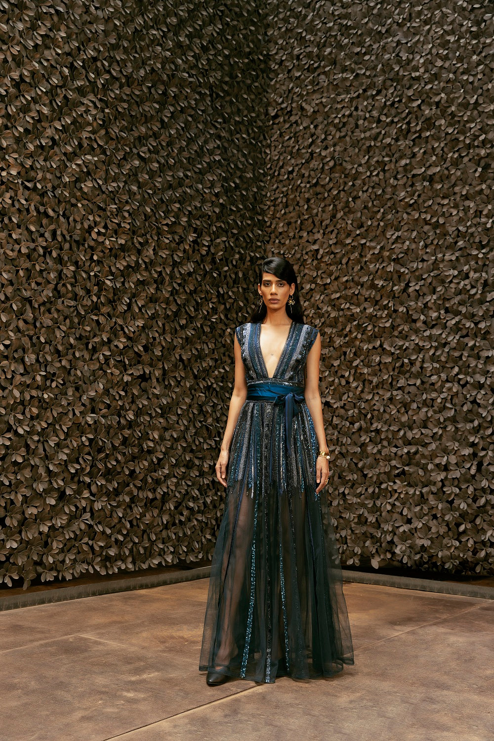 Elegant Midnight Blue Tulle Dress with Hand-Embroidered Baroque Metallic Details & Gemstones - Perfect for Evening Galas, Prom Nights, and Special Occasions