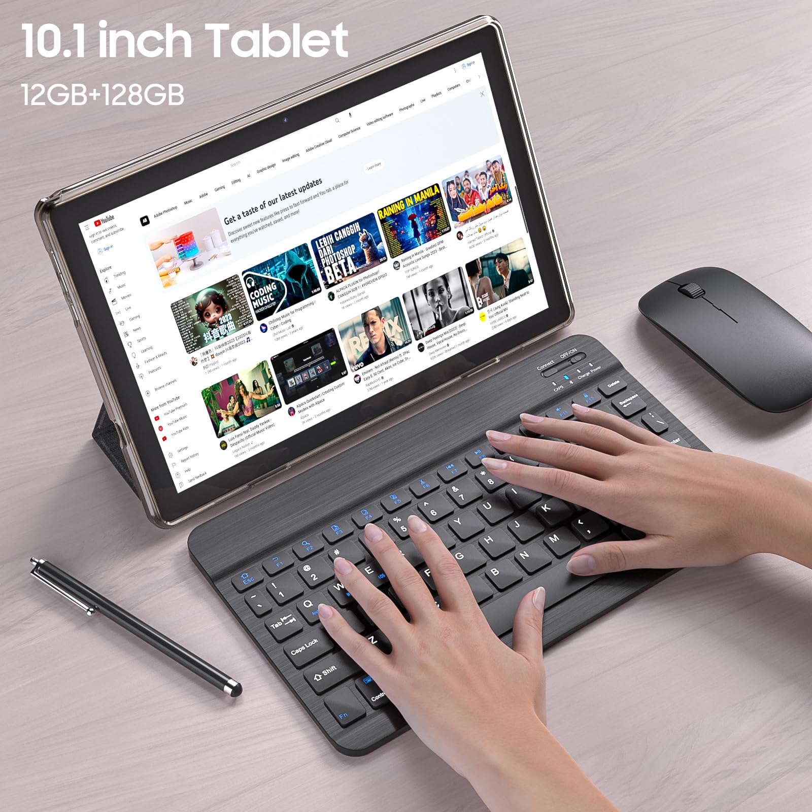 10 Inch Android 14 Tablet with Keyboard - 8GB RAM 64GB ROM (Expandable to 1TB), 1.8GHz Quad-Core Processor, 2-in-1 Laptop Tablet - Includes Case, Mouse & Stylus, 1280x800 IPS HD Display, 8MP Camera, 5G WiFi 6 & Bluetooth 5.0 - Perfect for Work, Study & Entertainment