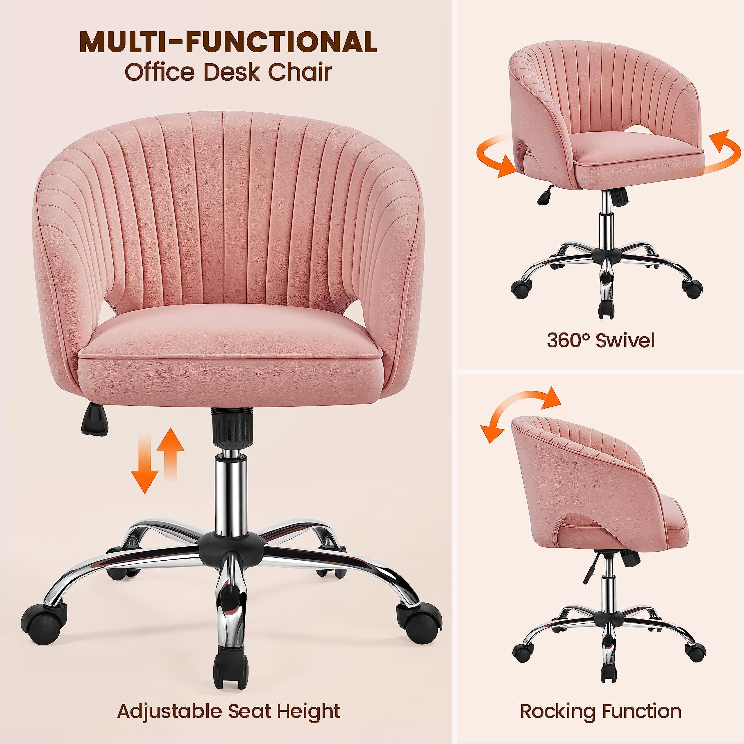 Yaheetech Pink Modern Swivel Rolling Desk Chair with Back - Ergonomic Home Office Chair, Vanity Chair for Study, Bedroom & Workspace - Comfortable Computer Chair for Women & Girls