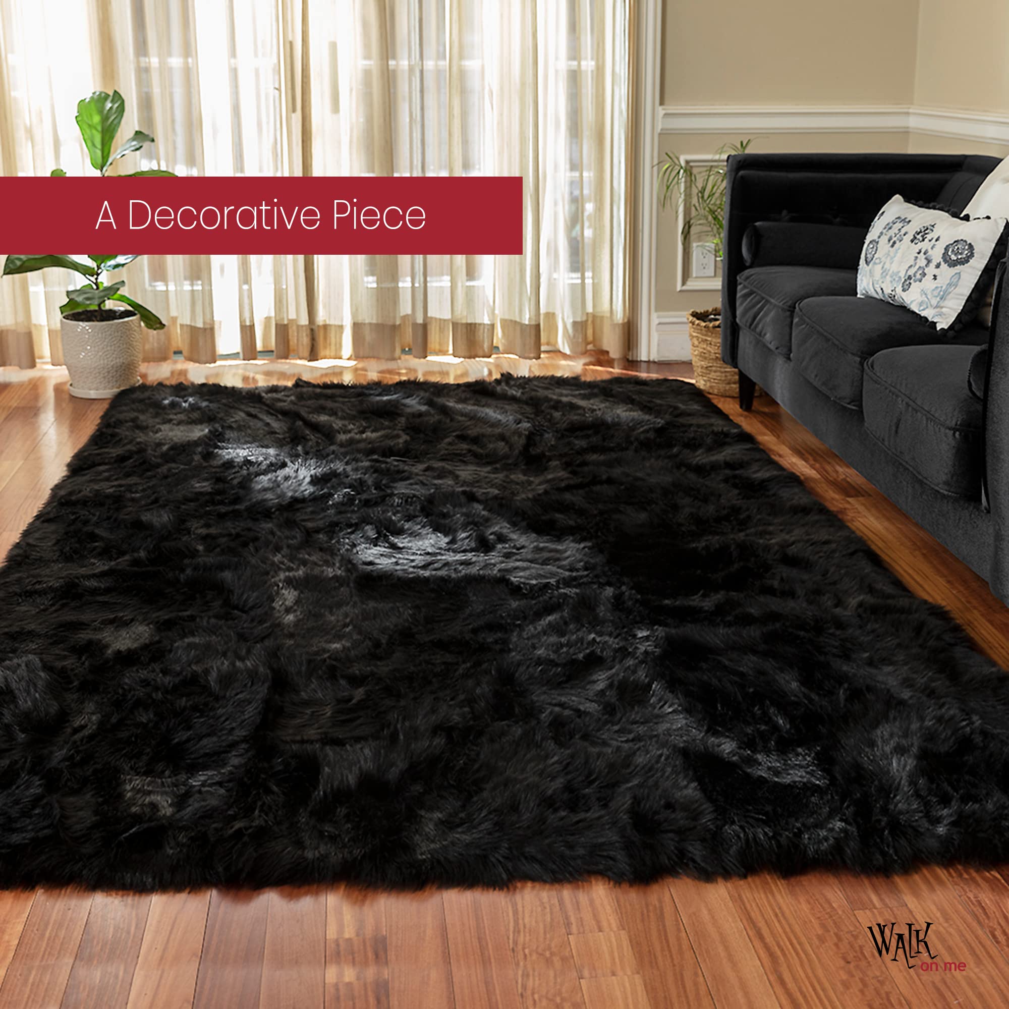 6x9 ft Soft Faux Fur Area Rug - Black Fluffy Sheepskin Rug for Living Room, Bedroom, Nursery | Non-Slip Machine Washable Rectangle Rug for Cozy Home Decor & Kids Room