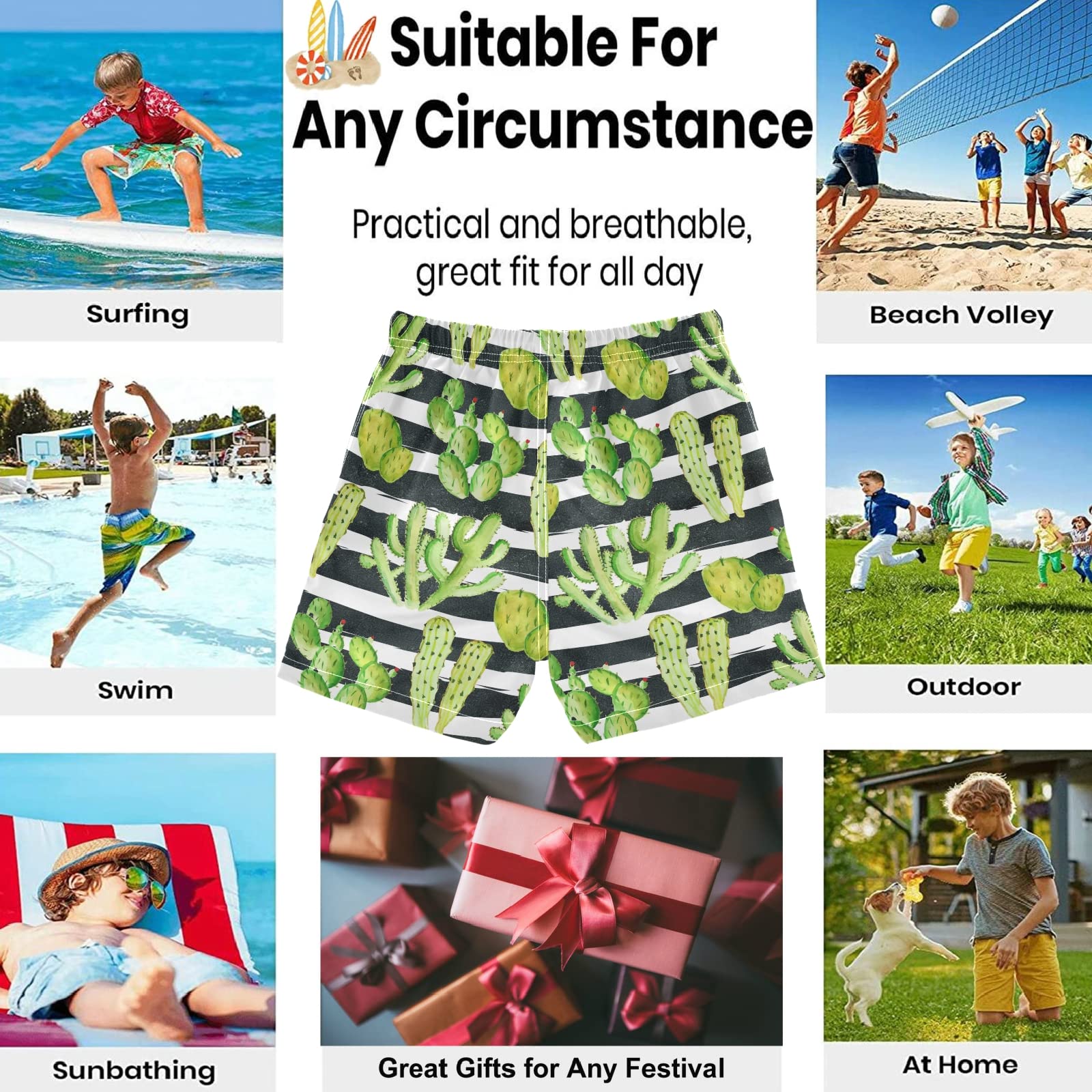 Visesunny Boys Swim Trunks - Watercolor Cactus Print with Black & White Stripes, Toddler Bathing Suits for Kids, Baby Boy Swimwear | Perfect for Pool, Beach & Summer Water Activities