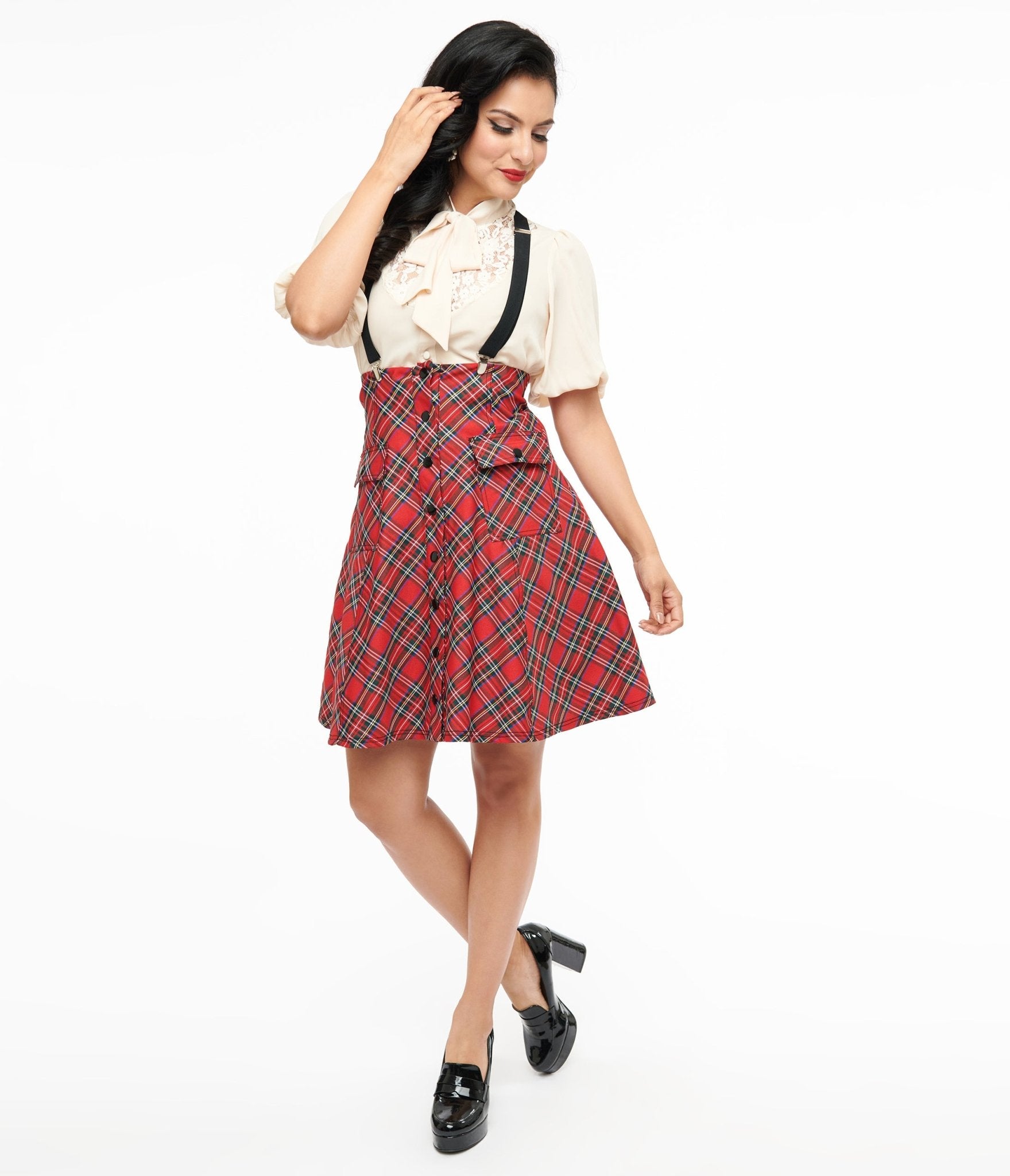 Vintage 1950s Red Plaid Swing Skirt with Suspenders - Retro Flared A-Line Skirt for Women - Perfect for 50s Themed Parties, Rockabilly Outfits & Vintage Fashion Lovers