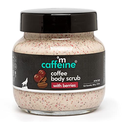 Organic mCaffeine Berries & Coffee Body Scrub for Tan Removal & Skin Brightening | Creamy Exfoliating Scrub for Dry & Sensitive Skin | Natural Body Polish for Women & Men - 200gm | Perfect for Spa Day, Post-Workout Refresh & Pre-Tanning Prep