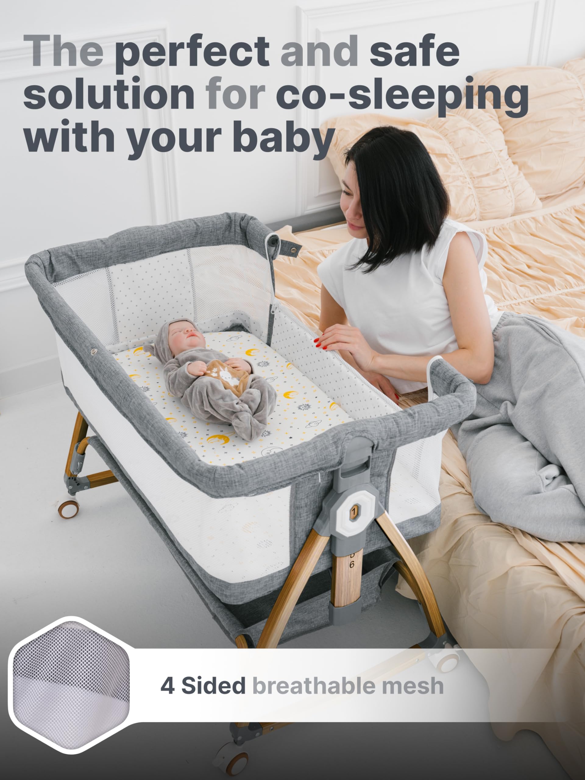 **Portable Baby Rocking Bassinet Bedside Sleeper - Adjustable Height Mesh Crib for Safe Co-Sleeping, Storage Basket & Wheels, Includes Travel Bag & Mosquito Net (Wood Grain, Grey) – Perfect for Nursery, Travel & Bedside Sleeping**