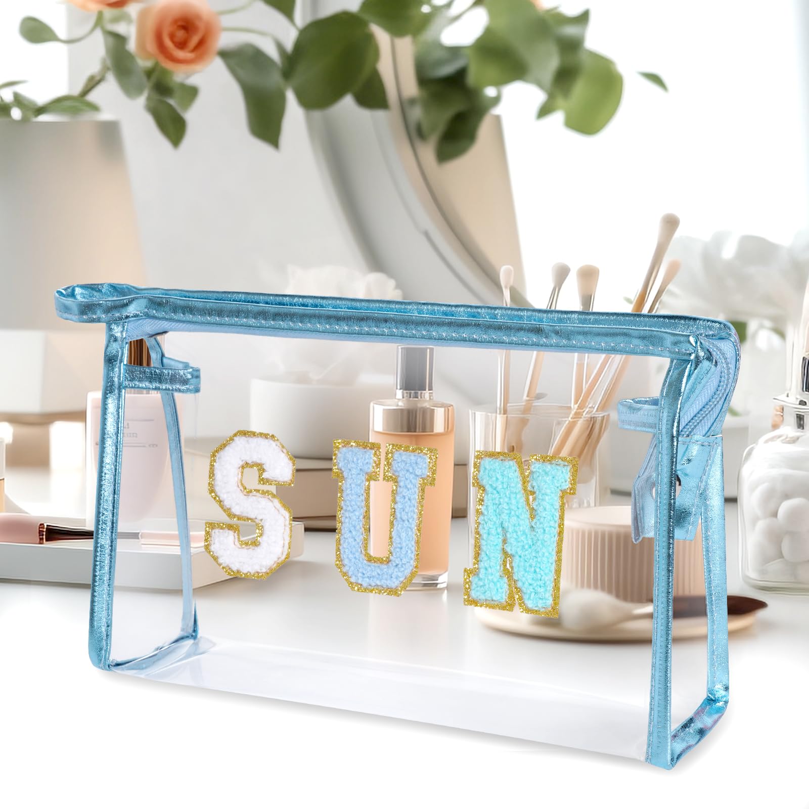 Clear Preppy Patch Makeup Bag - Sun Chenille Letter Cosmetic Pouch with Zipper for Women & Teens | Waterproof Travel Toiletry Organizer for Beach, Gym, School & Vacation (Blue)
