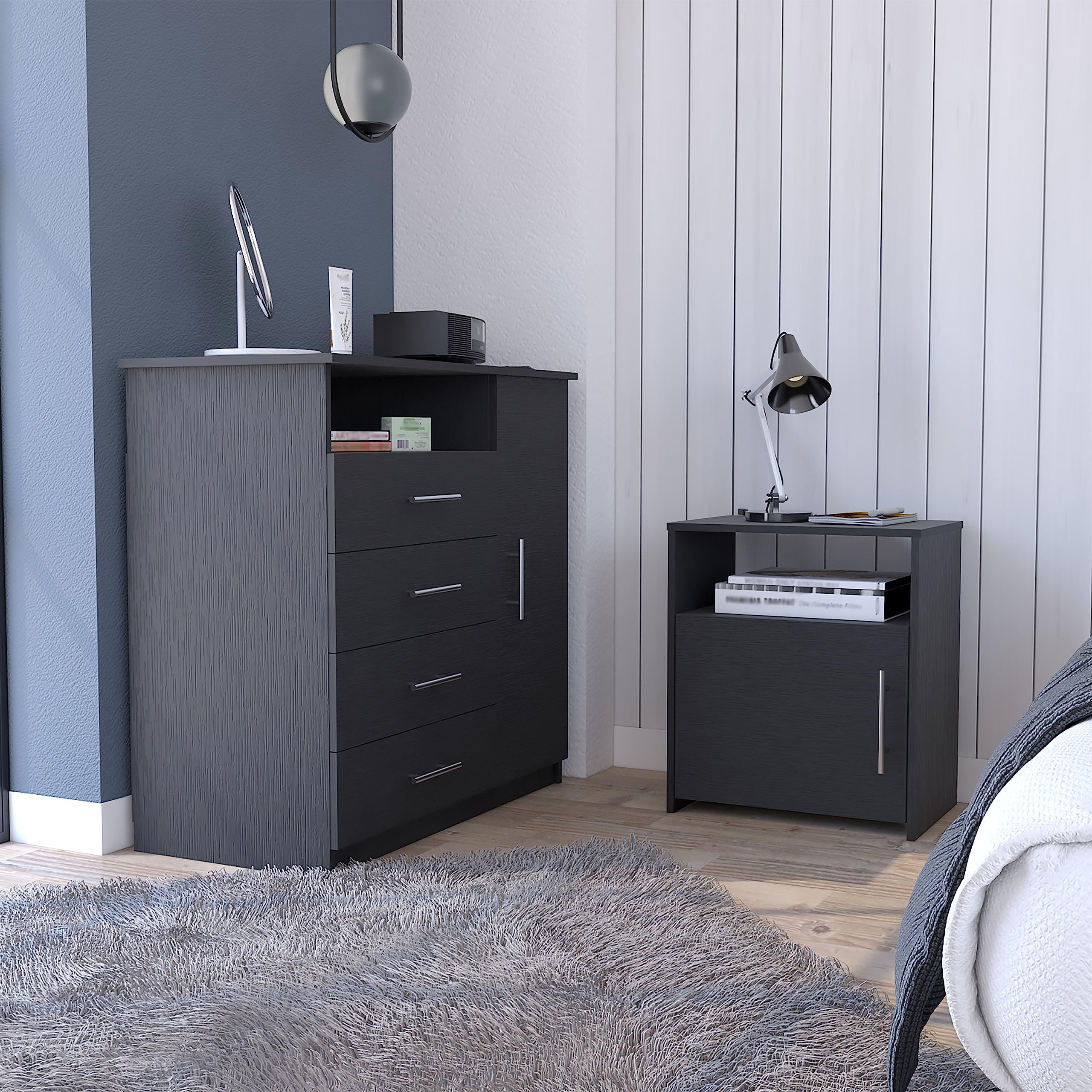 2-Piece Black Bedroom Set with Dresser and Nightstand - Modern Maine Bedroom Furniture for Small Spaces & Guest Rooms