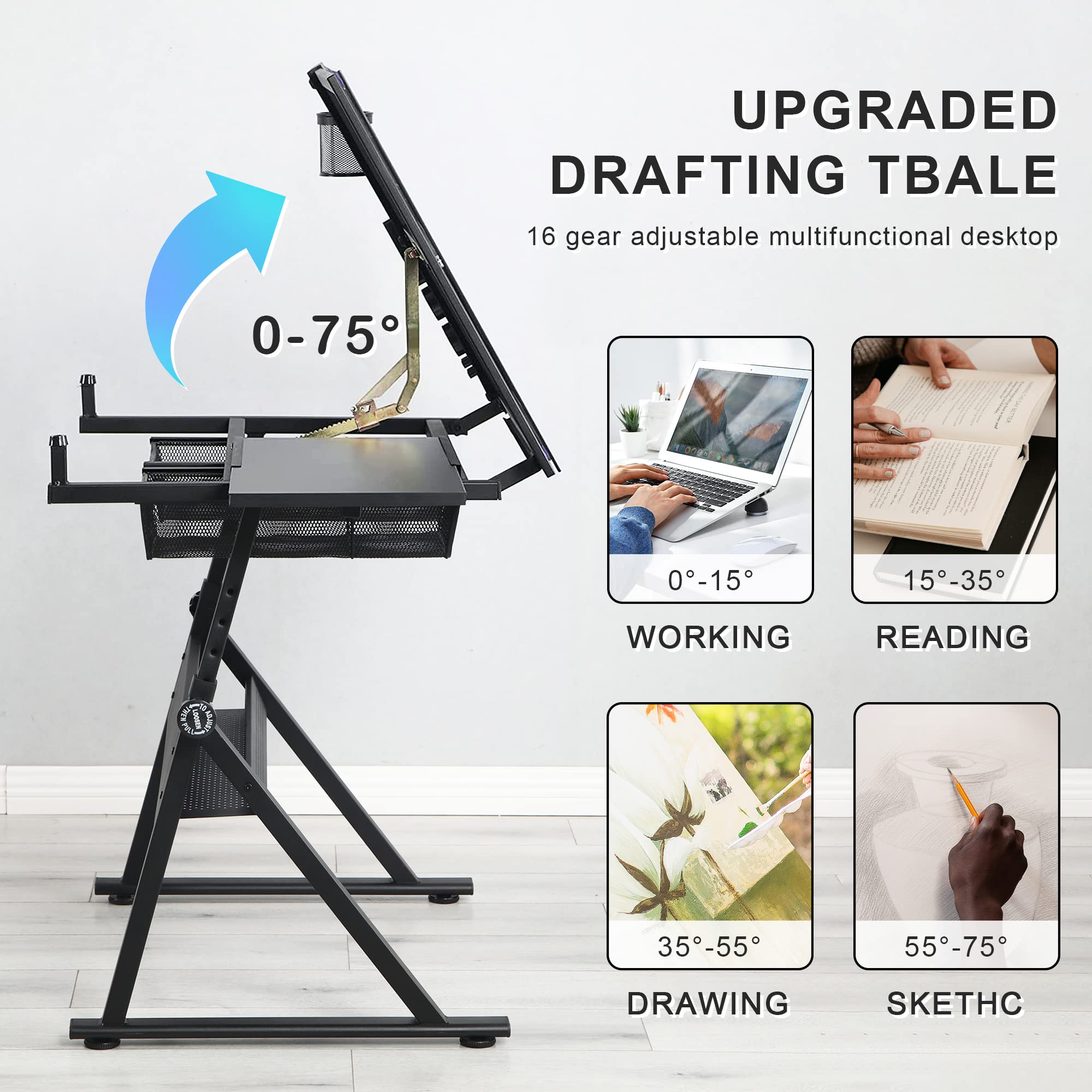 LifeSky Adjustable Drafting Table for Artists - Glass Top Art Drawing Desk with Storage for Painting, Sketching & Illustration - Perfect for Painters, Illustrators, Cartoonists & Designers (Black) - Ideal for Home Studios, Art Classes & Professional Workspaces