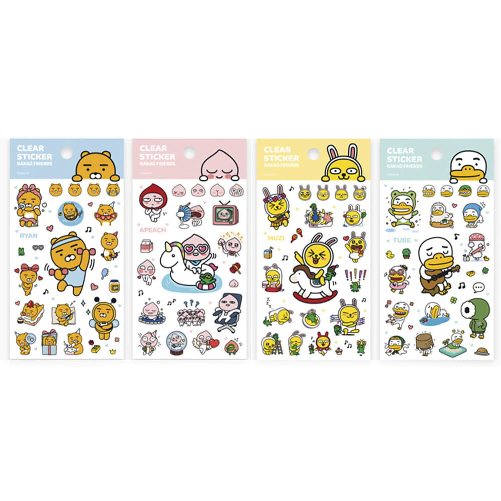 KAKAO FRIENDS Clear Stickers Pack of 4 - Cute Korean Cartoon Decals for Laptops, Planners & Water Bottles