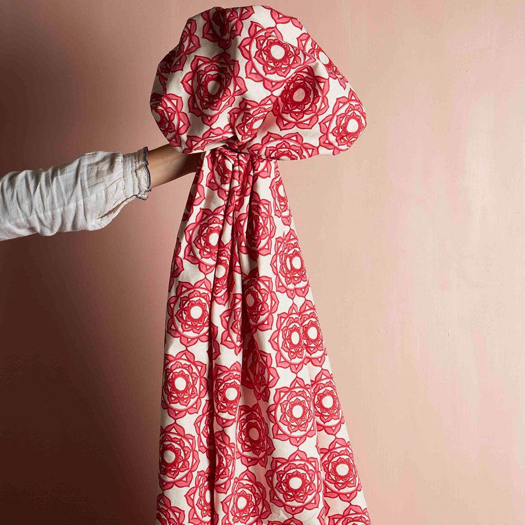 Rose Block Printed Fabric - Soft Linen Cotton Blend in Pink | Perfect for DIY Crafts, Home Decor & Fashion Sewing Projects