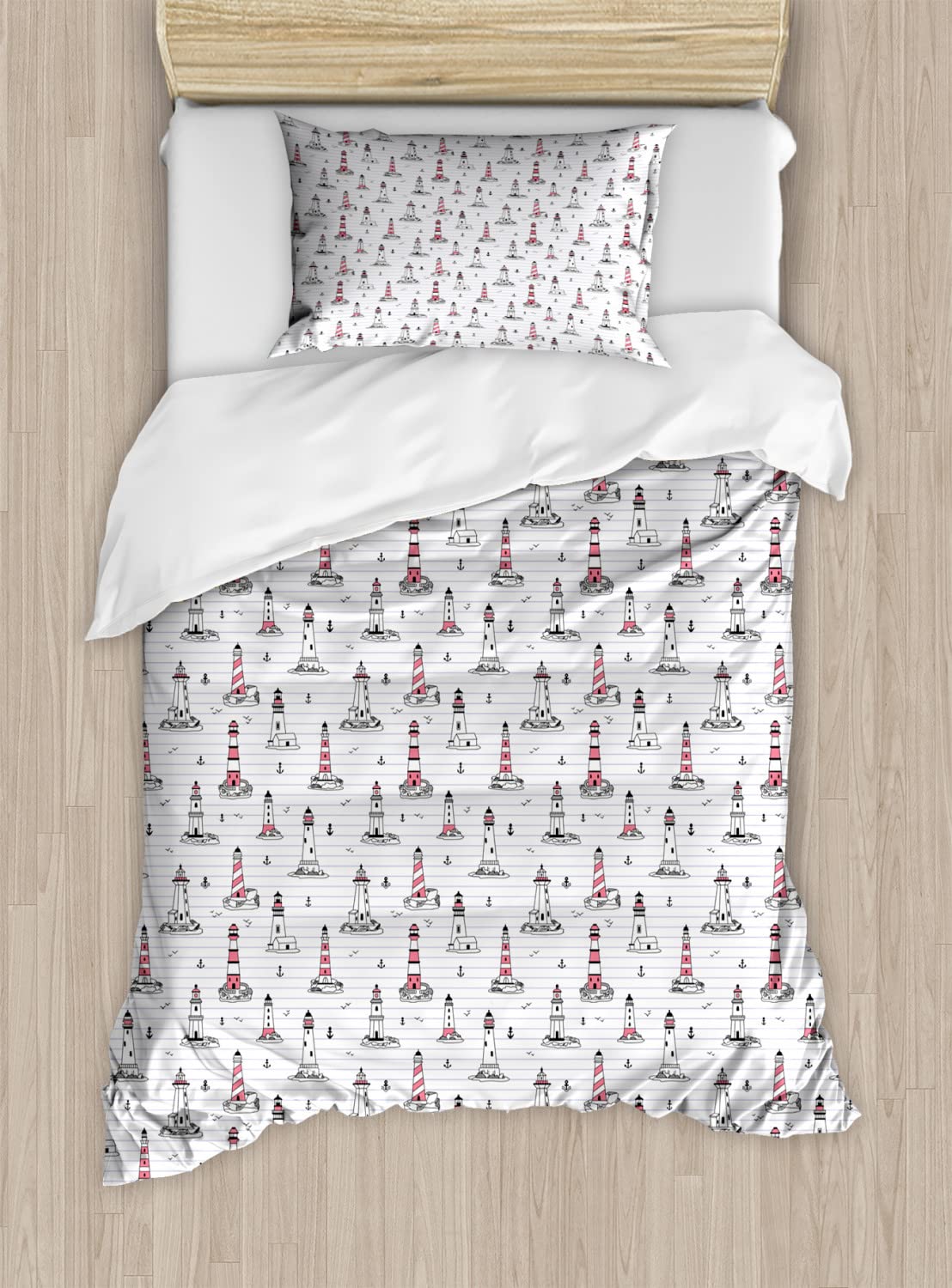 Ambesonne King Size Duvet Cover Set - 2 Pack Lighthouse Notebook Pattern with Nautical Seagulls & Anchors Doodle Design, Includes 2 Duvet Covers & 4 Pillowcases, Pink Lilac Black - Perfect for Coastal Themed Bedrooms, Guest Rooms & Beach House Decor