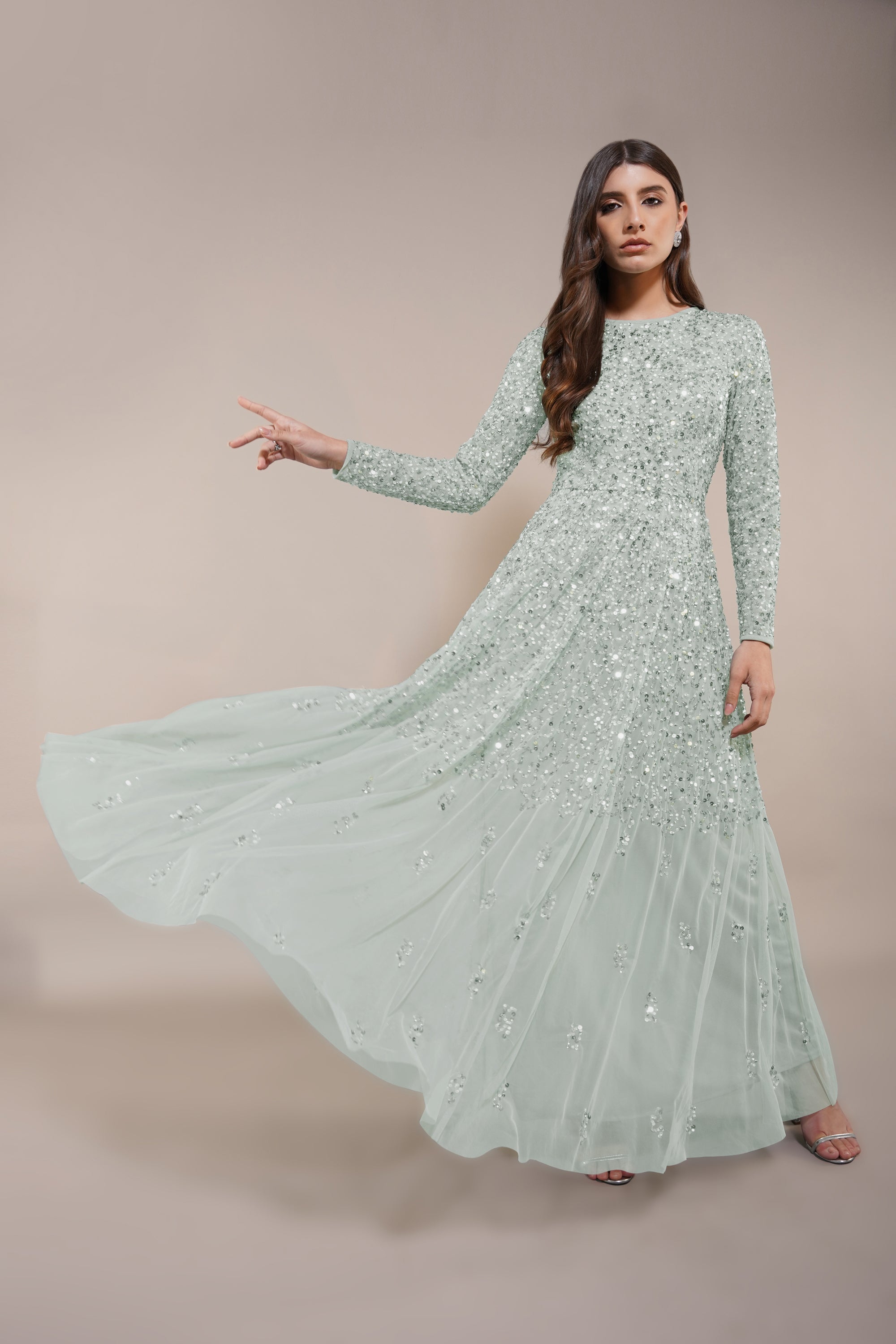 Elegant Sage Green Long Sleeve Embellished Maxi Dress for Women | Boho Chic Evening Gown with Floral Details | Perfect for Weddings, Parties & Special Occasions