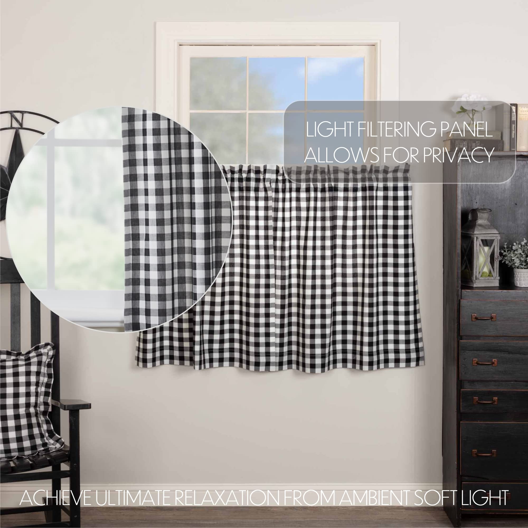 Annie Buffalo Check Cotton Farmhouse Kitchen Curtains - Black 36x36 Tier Pair with Rod Pocket | Rustic Country Style Window Treatment for Cozy Home Decor