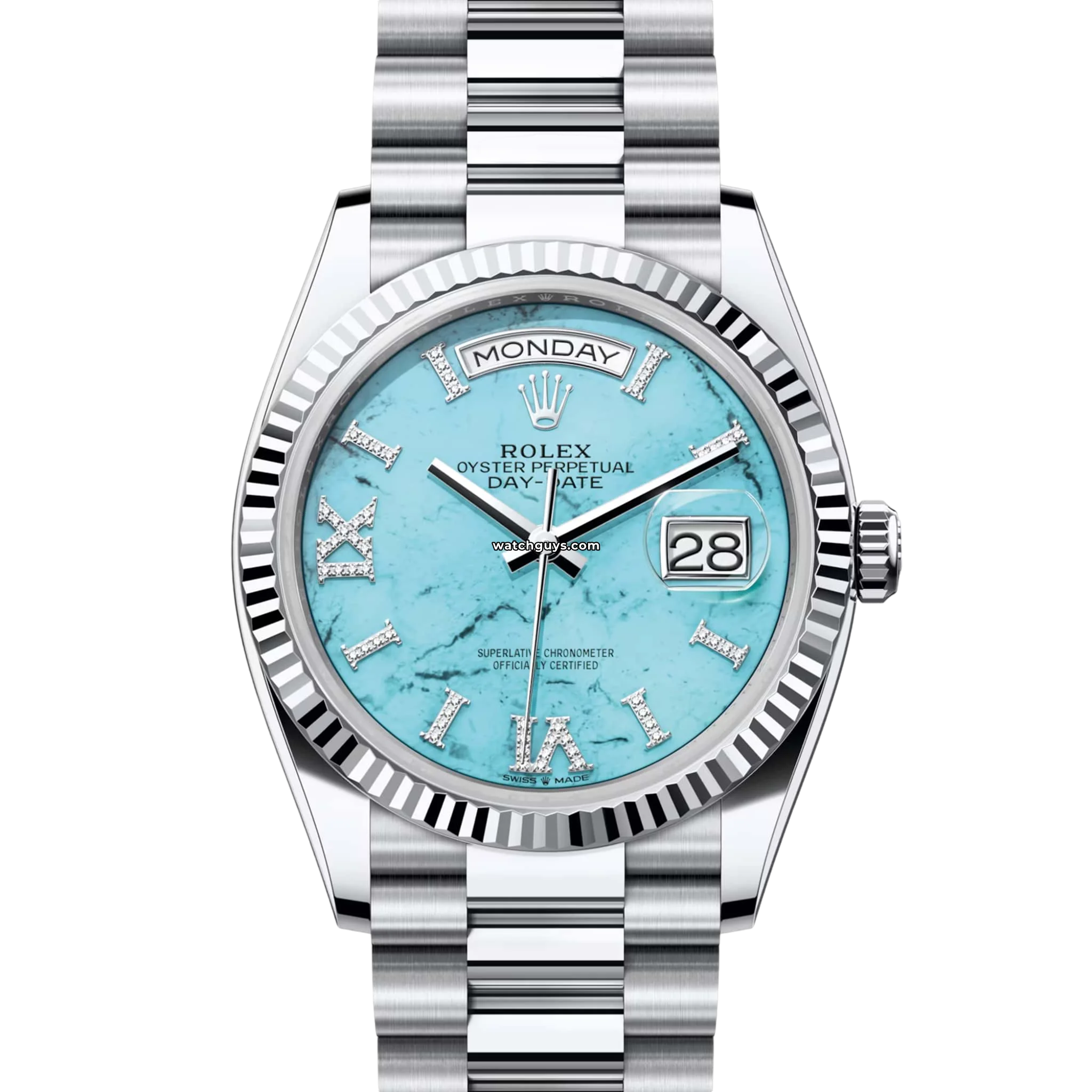 Rolex Day Date 128236 Platinum Watch with Turquoise Dial - Luxury Timepiece for Business & Formal Occasions